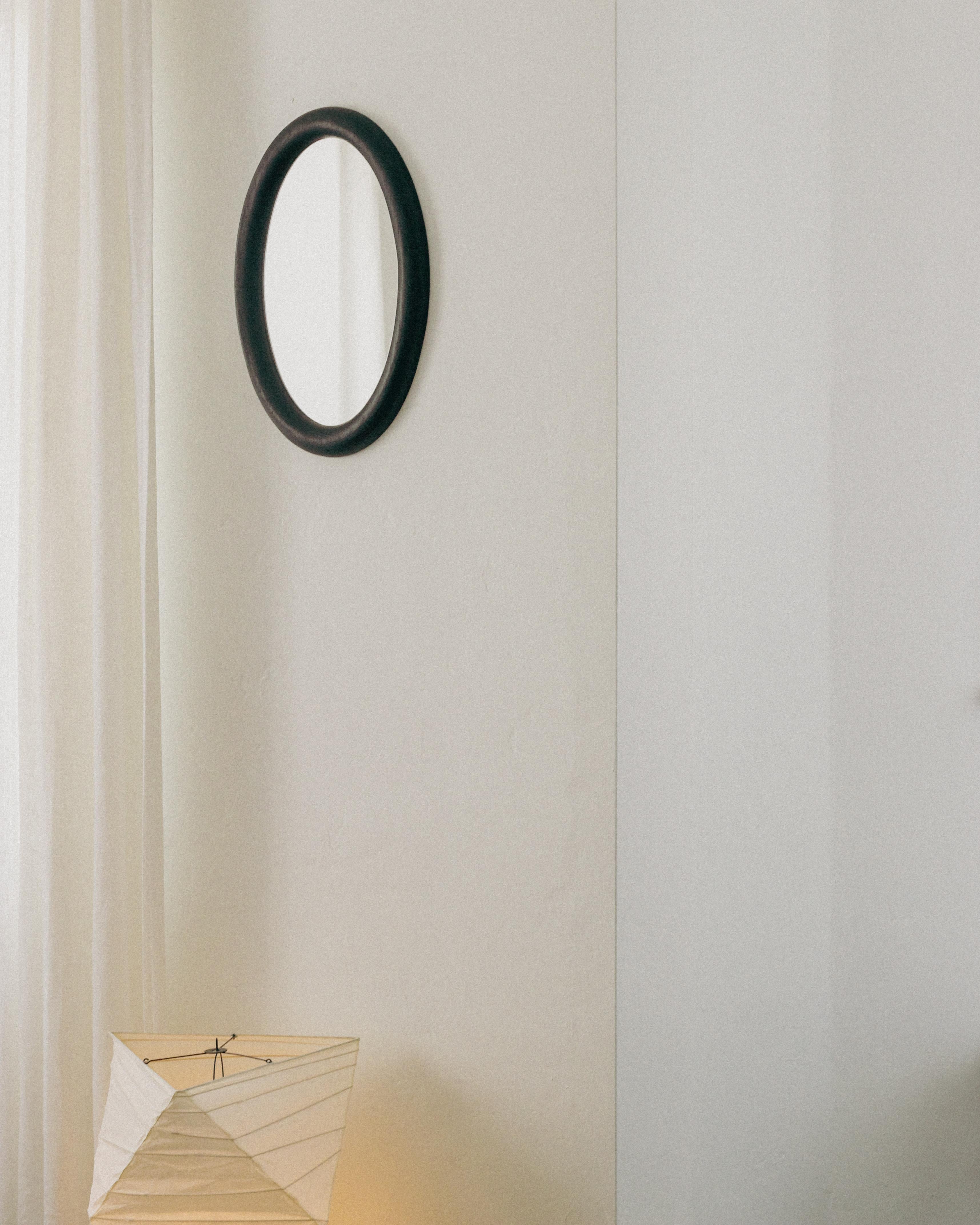 Mid-Century Modern Ebonized Black Oak Oval Mirror, 2024 For Sale