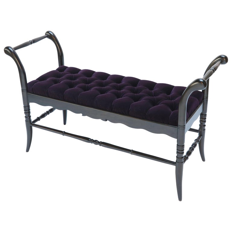 Ebonized Black Tufted Purple Velvet Italian Wood Bench ...