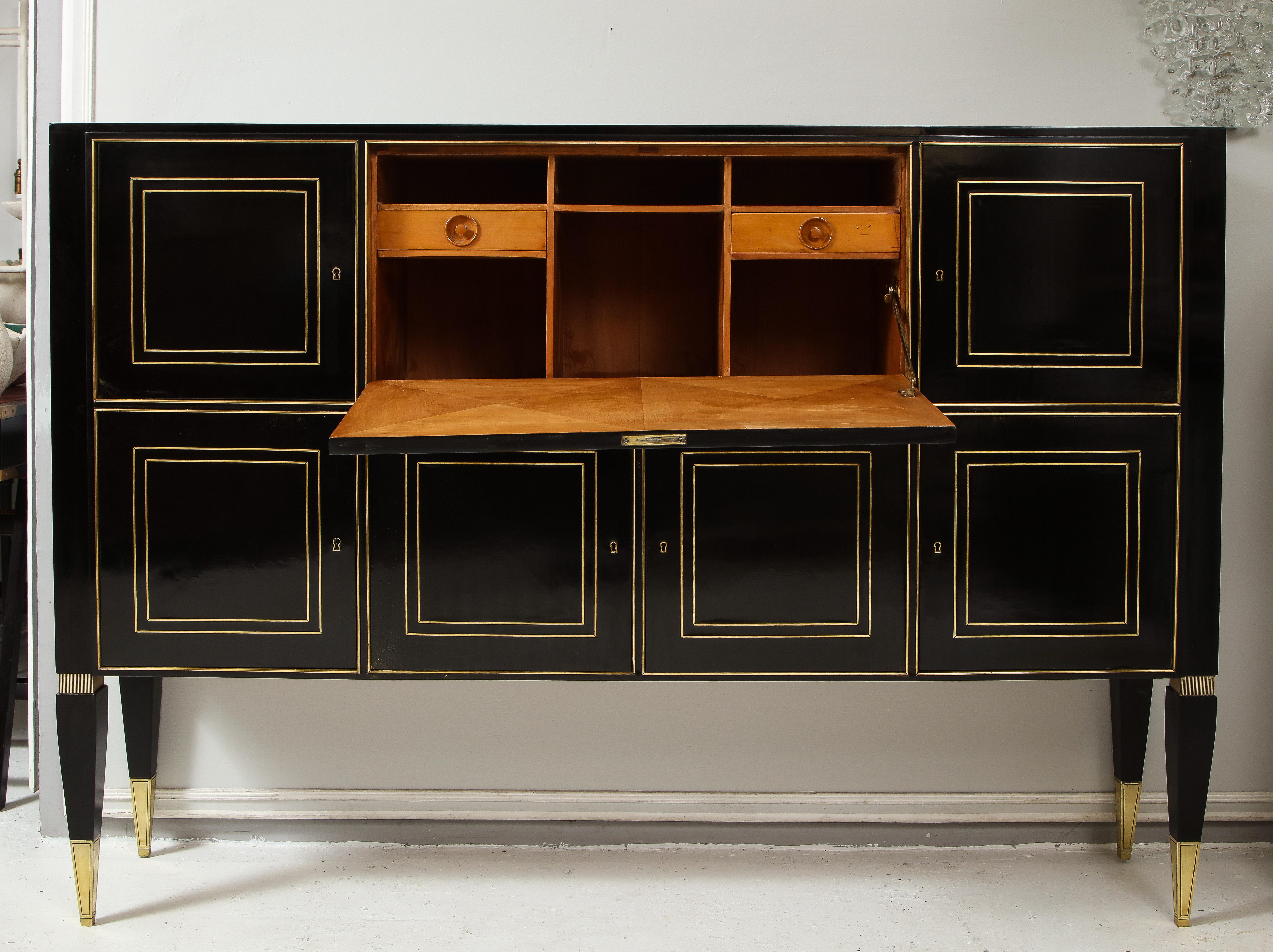 Ebonized Brass-Inlaid Cabinet on Tapered Legs In Good Condition In New York, NY