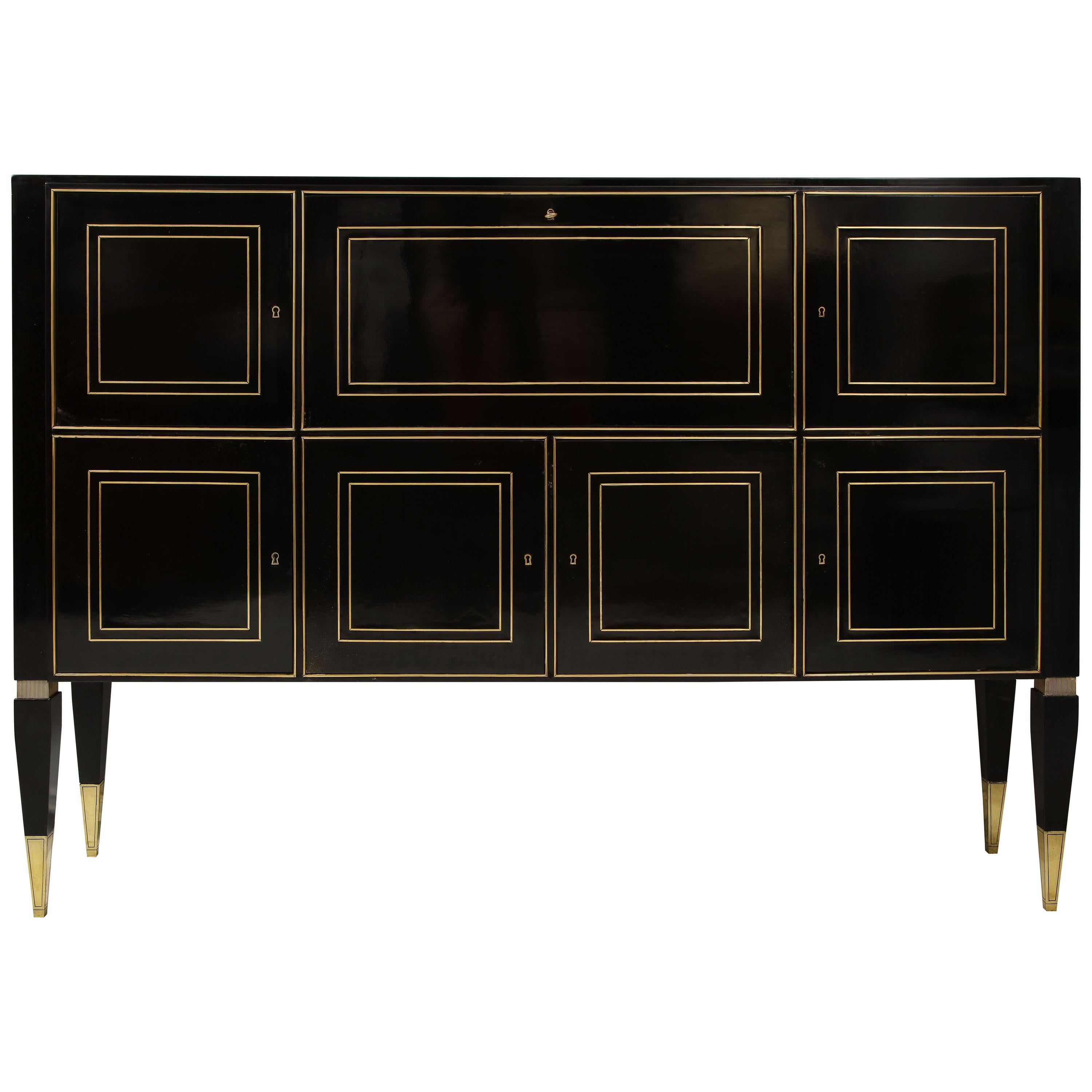 Ebonized Brass-Inlaid Cabinet on Tapered Legs