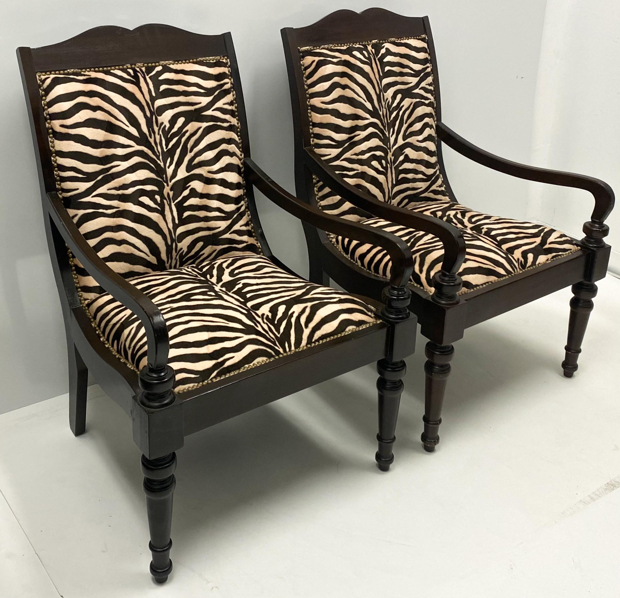 American Ebonized British Colonial Style Lillian August Chairs in Zebra Velvet, Pair