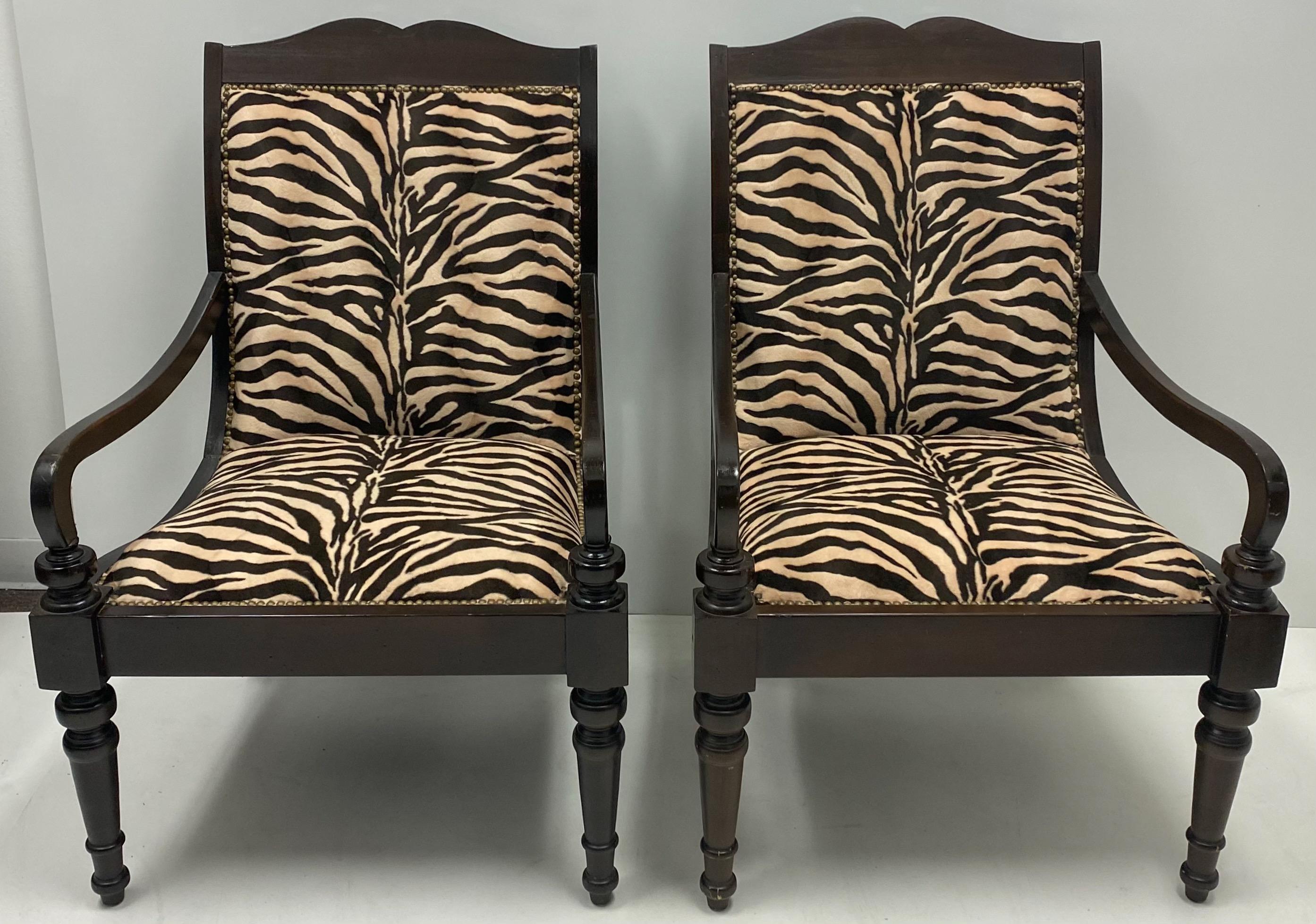Ebonized British Colonial Style Lillian August Chairs in Zebra Velvet, Pair In Good Condition In Kennesaw, GA