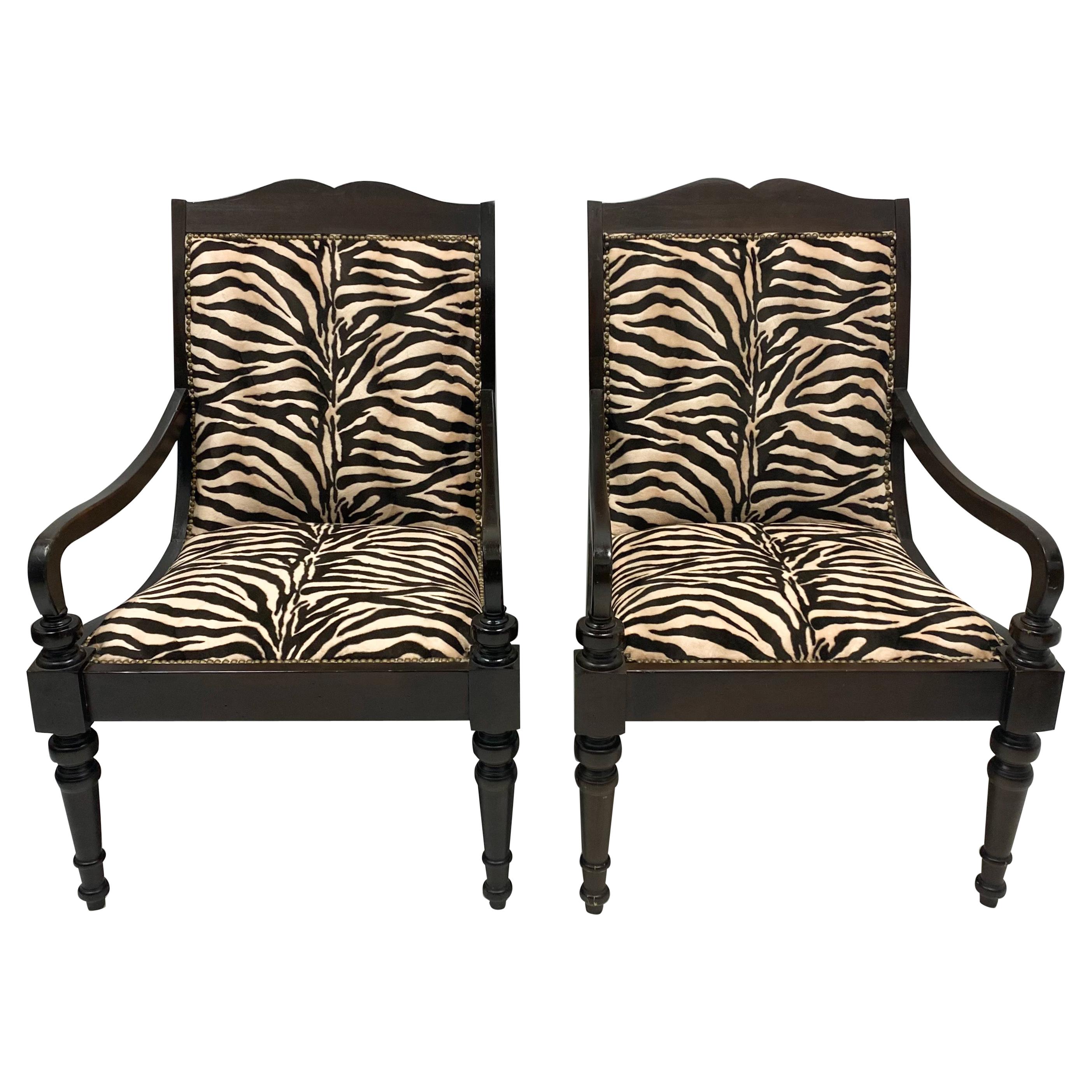 Ebonized British Colonial Style Lillian August Chairs in Zebra Velvet, Pair