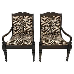 Vintage Ebonized British Colonial Style Lillian August Chairs in Zebra Velvet, Pair