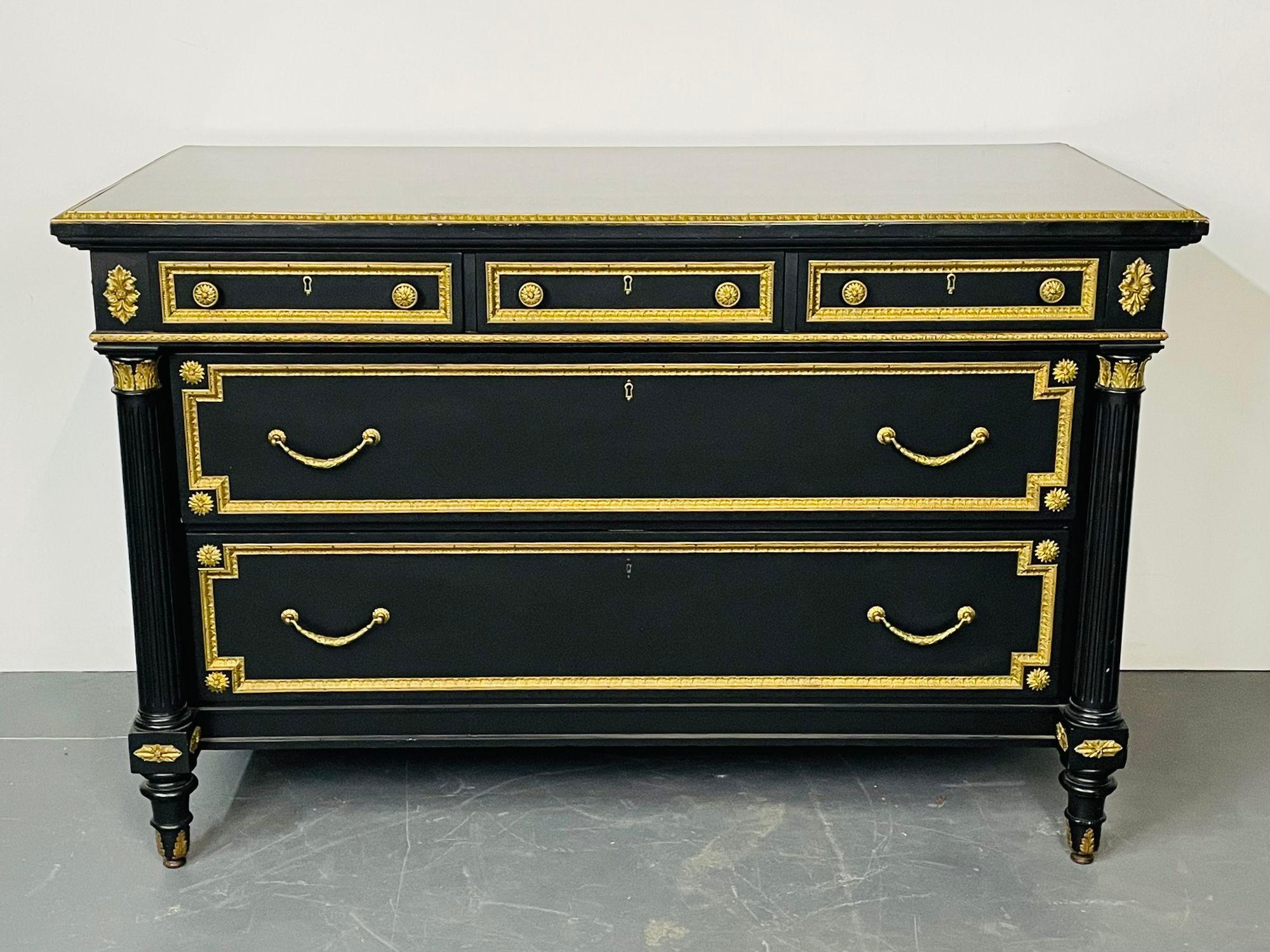 Hollywood Regency Ebony Bronze-Mounted Chest /Commode / Dresser, Stamped Jansen
This ebonized bronze-mounted chest portrays the Chateau de Versailles in its finest. The gilt gold  bronze mounts adds dimension and beauty to its linear and rectangular