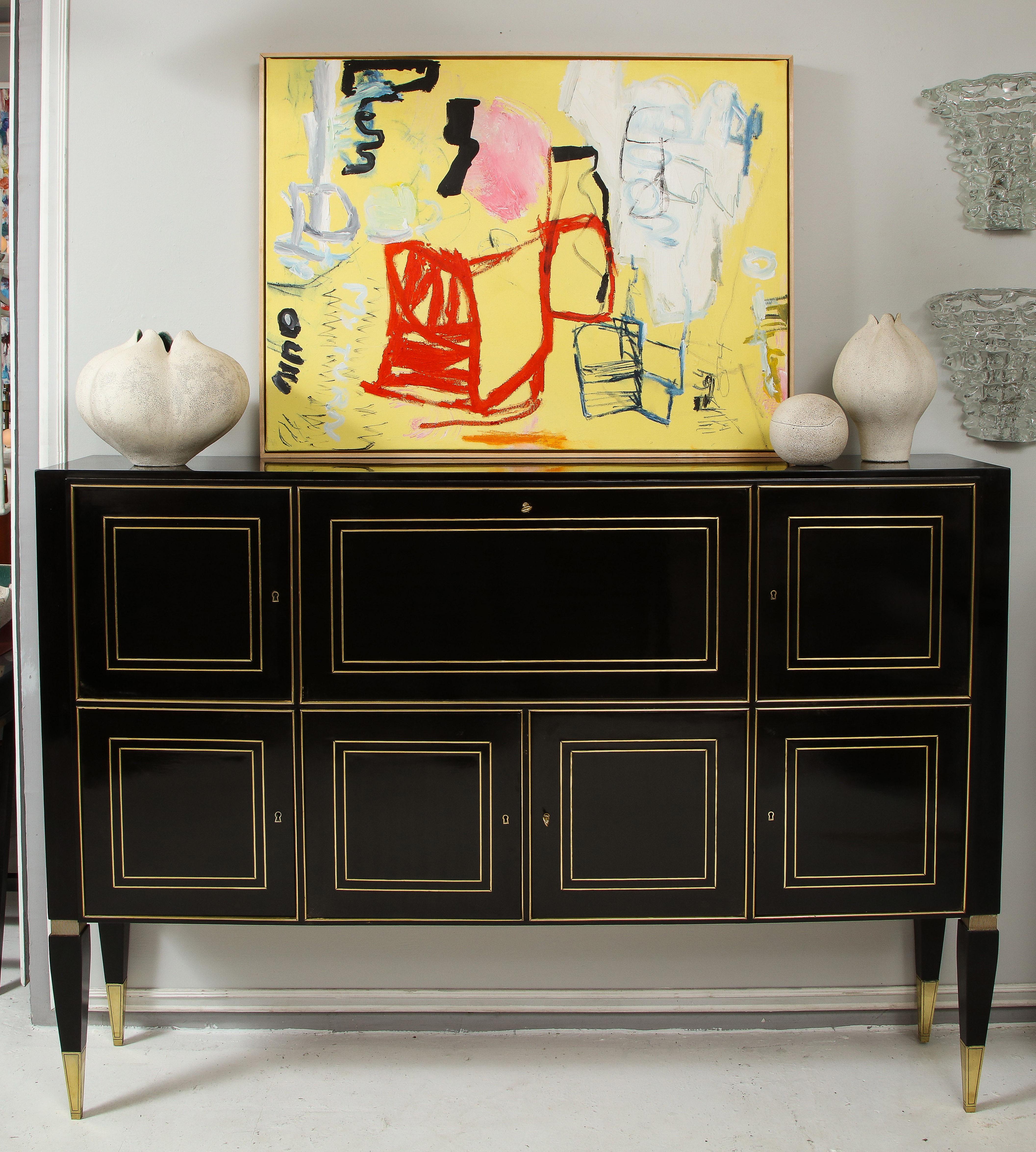 Ebonized Cabinet with Brass-Inlays on Tapered Legs 8