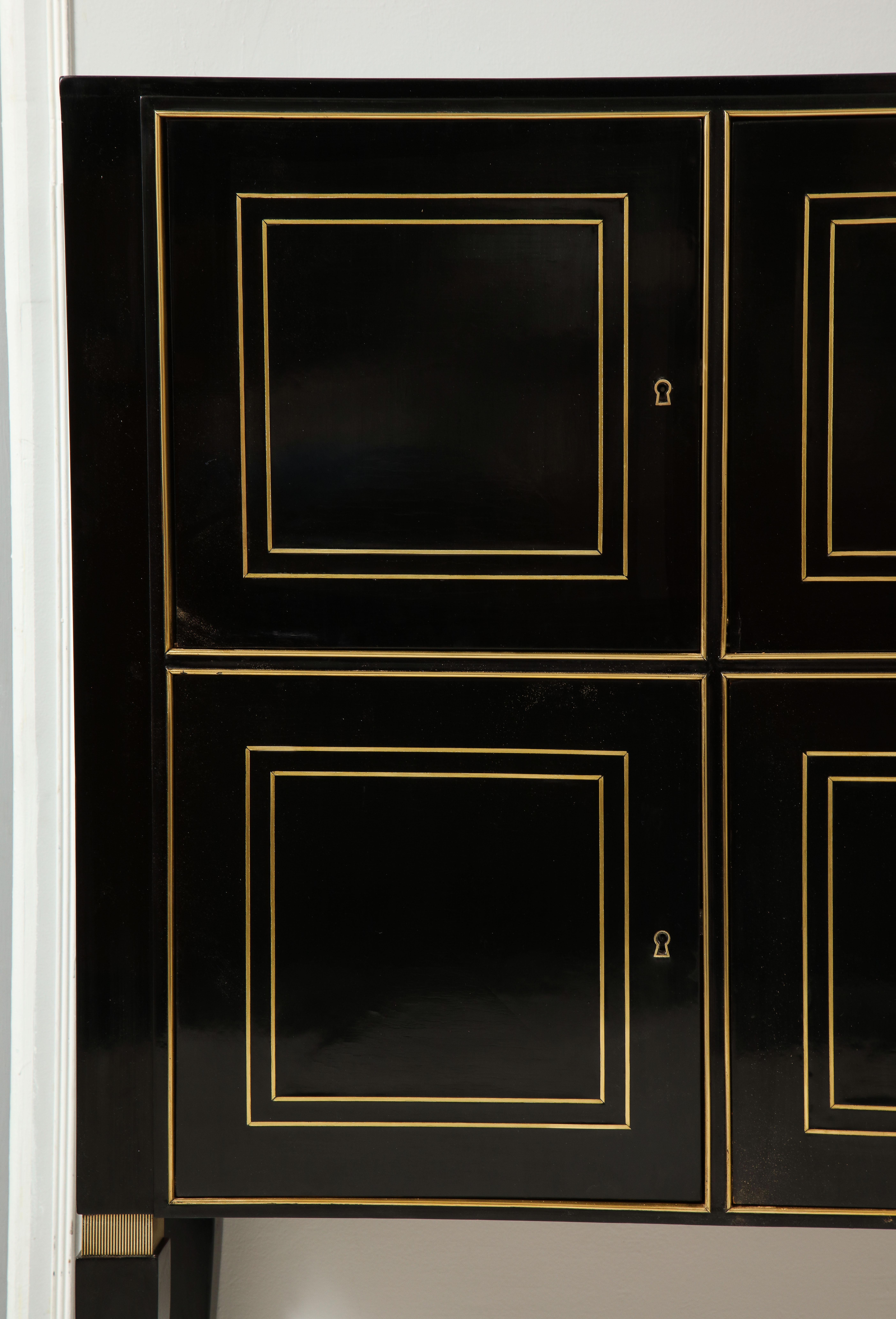 Italian Ebonized Cabinet with Brass-Inlays on Tapered Legs