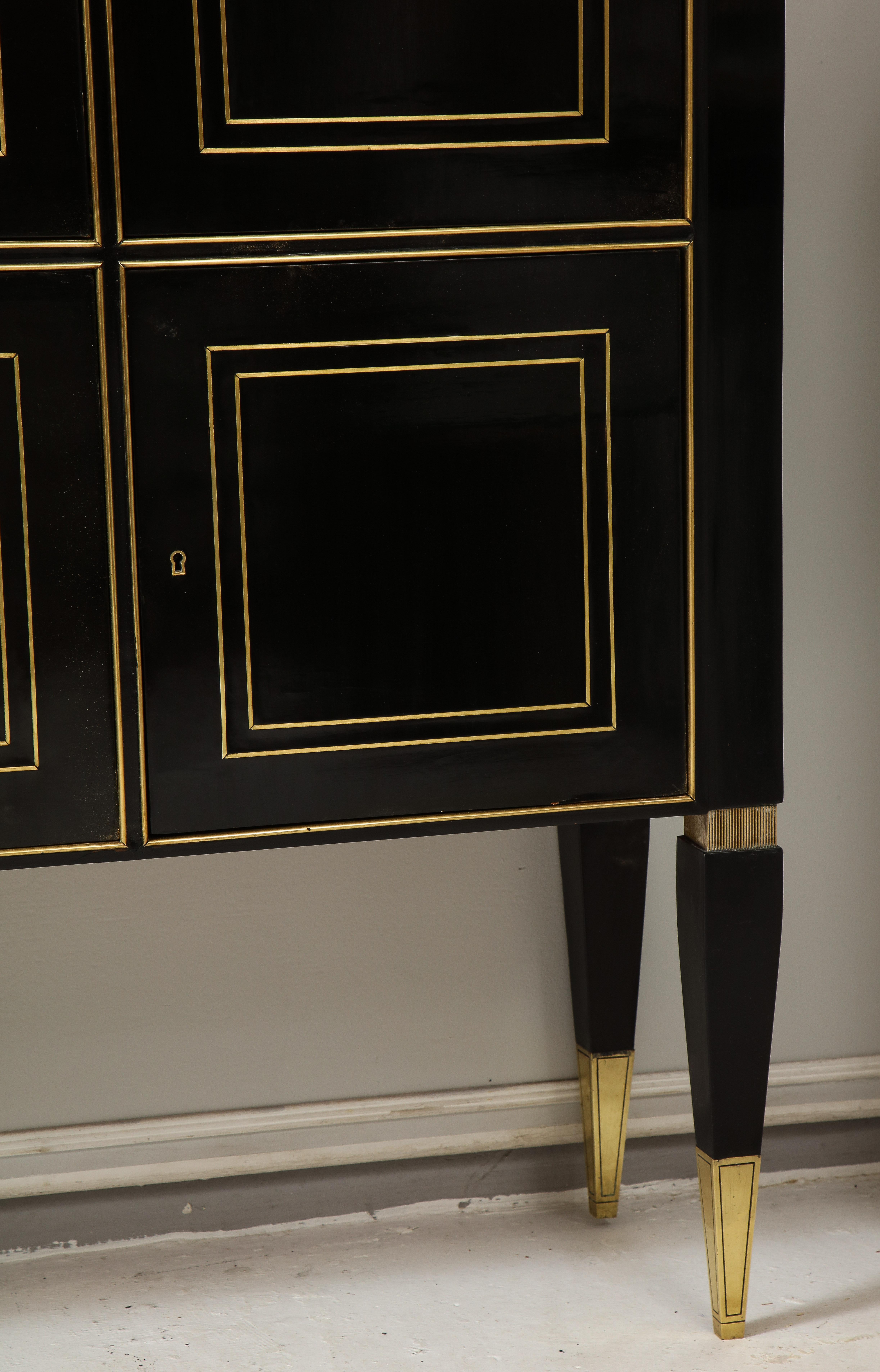 20th Century Ebonized Cabinet with Brass-Inlays on Tapered Legs