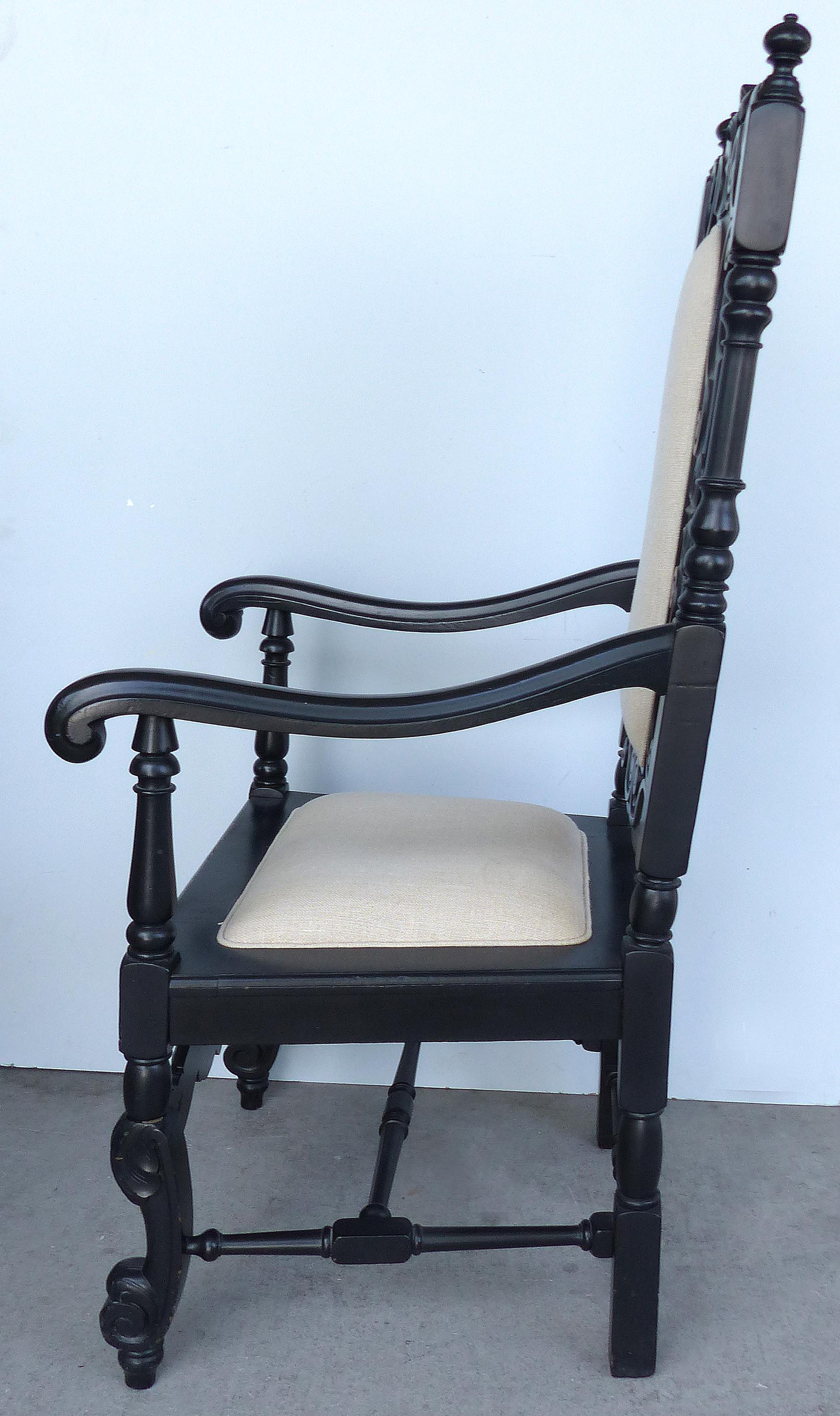 Ebonized Carved Wood Armchair with Linen Upholstery In Good Condition In Miami, FL