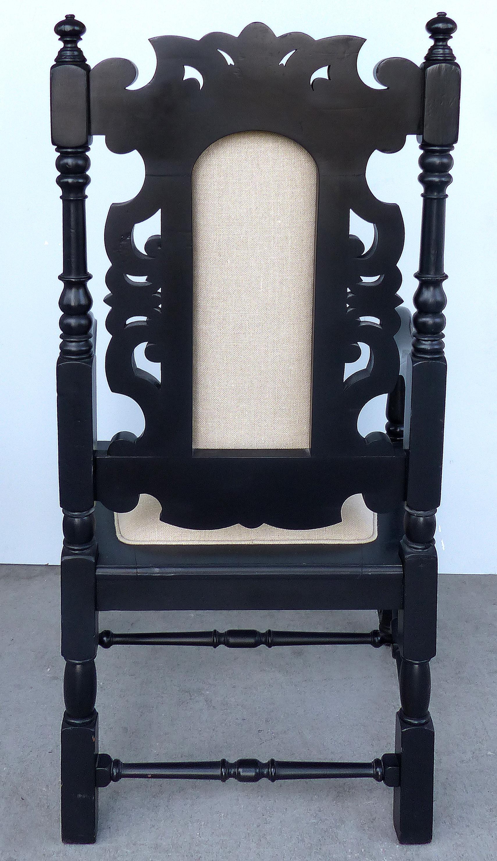 20th Century Ebonized Carved Wood Armchair with Linen Upholstery