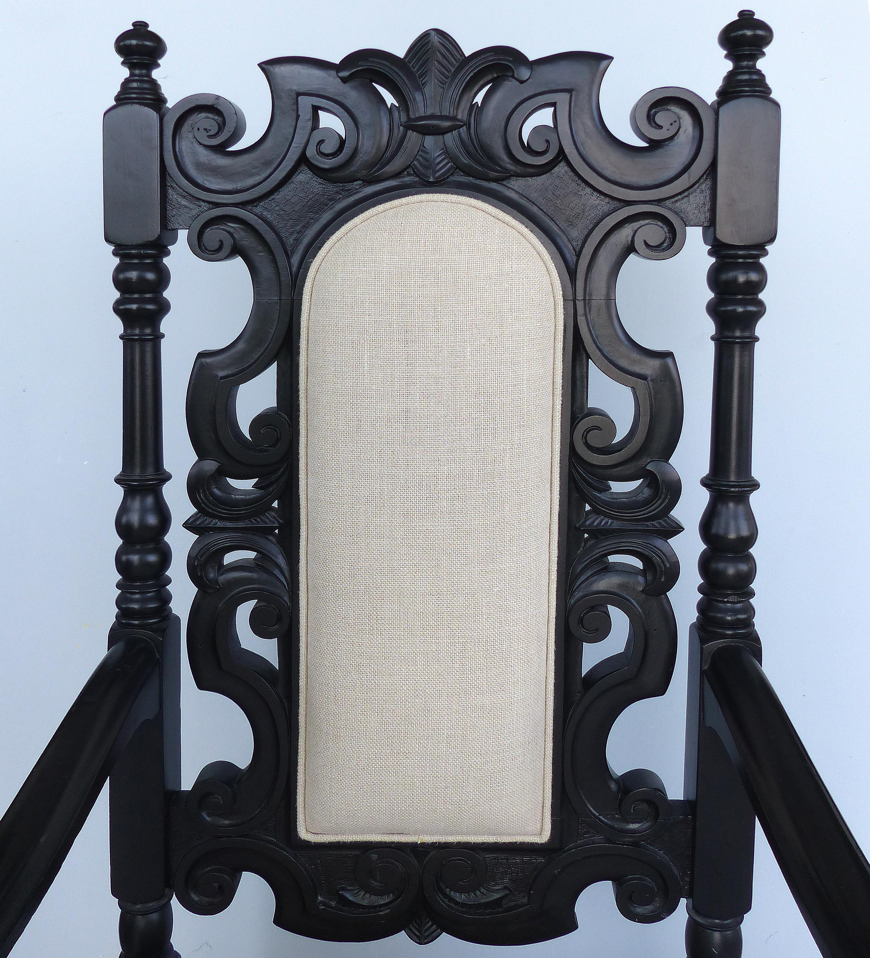 Ebonized Carved Wood Armchair with Linen Upholstery 1