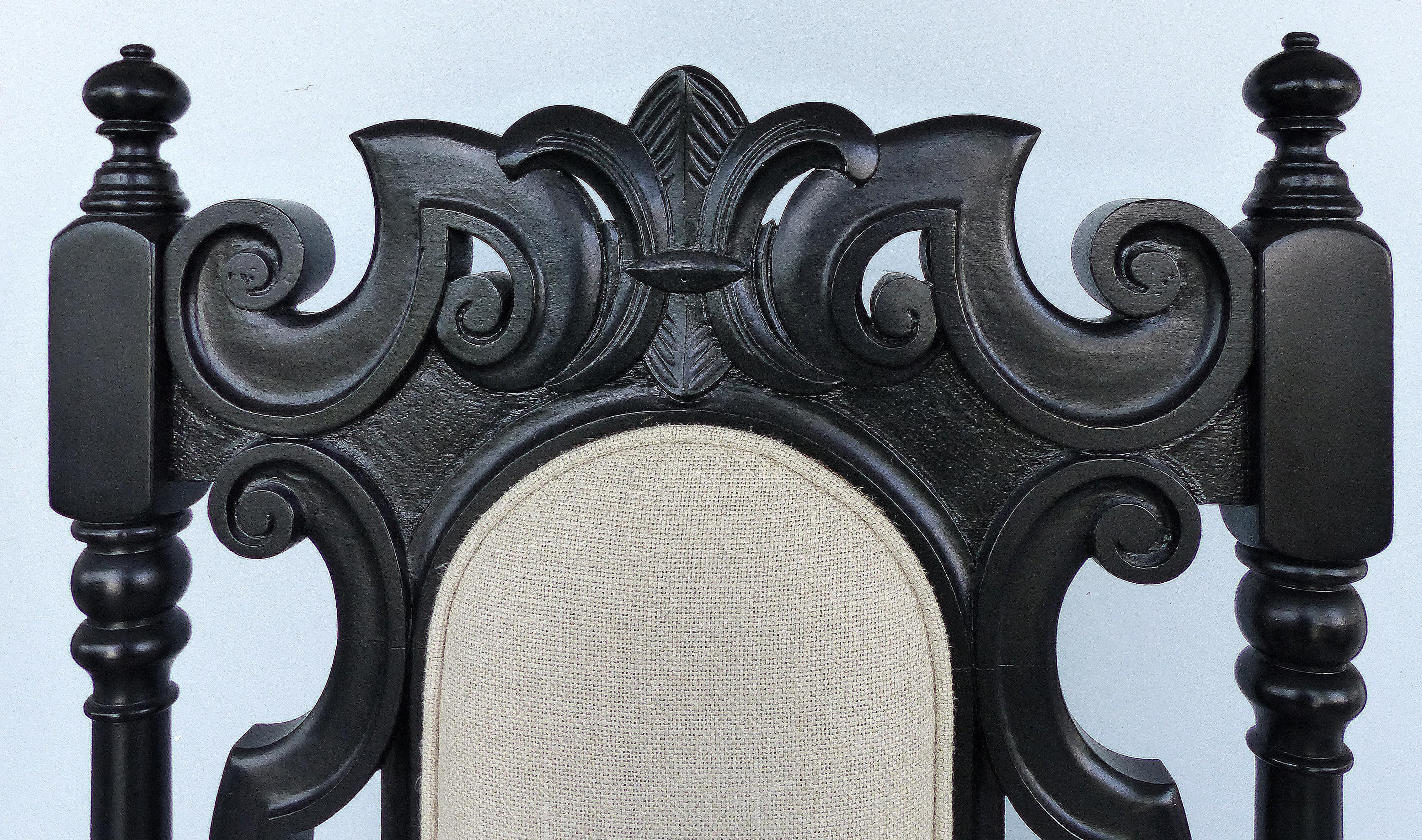 Ebonized Carved Wood Armchair with Linen Upholstery 2