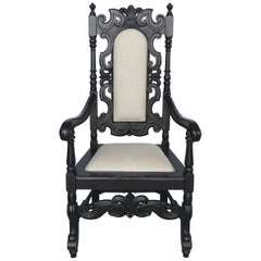 Ebonized Carved Wood Armchair with Linen Upholstery
