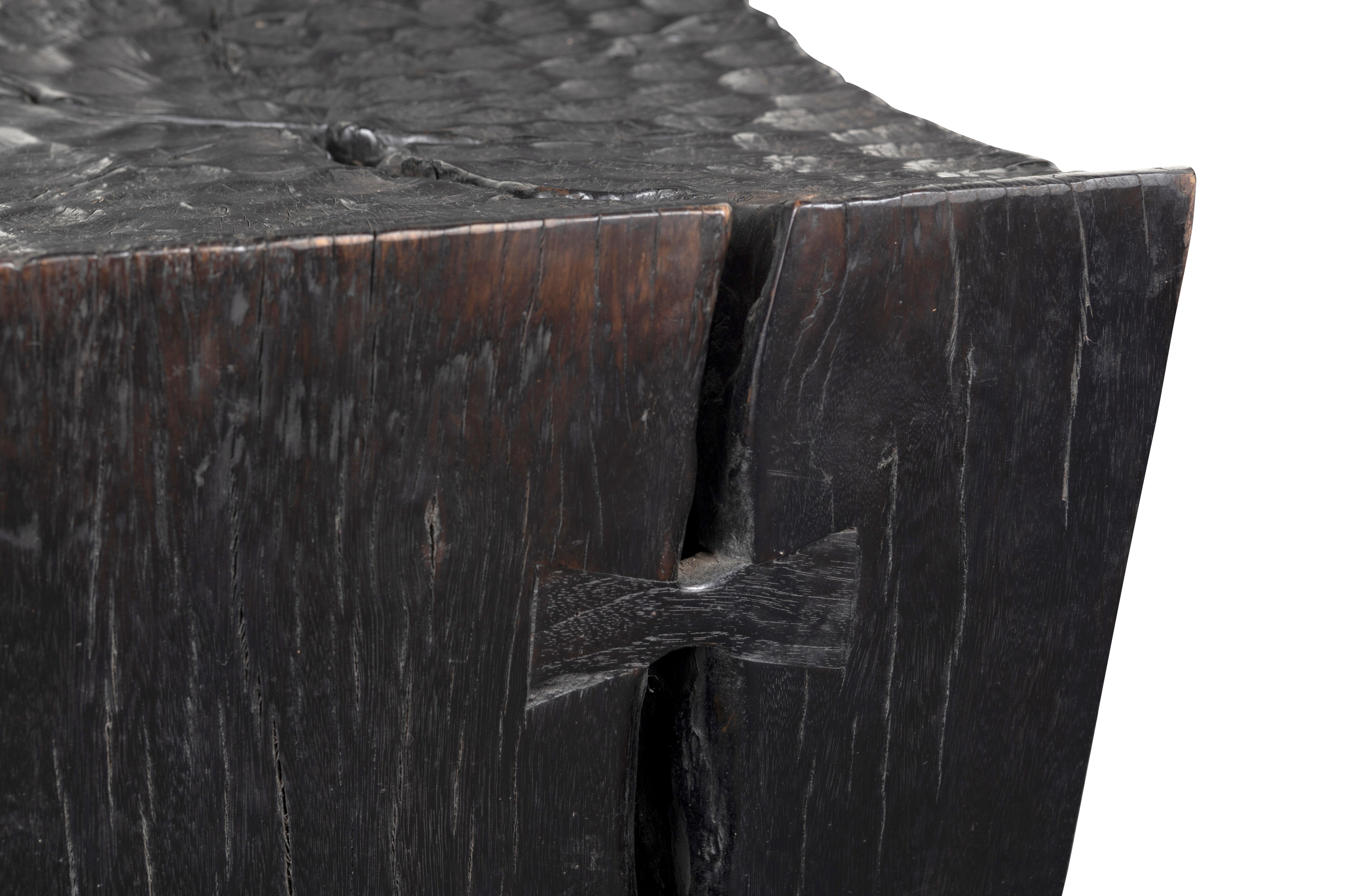 Organic Modern Ebonized Carved Wood Side Table with Butterfly Inlay and Cats Tonge Detail Top For Sale