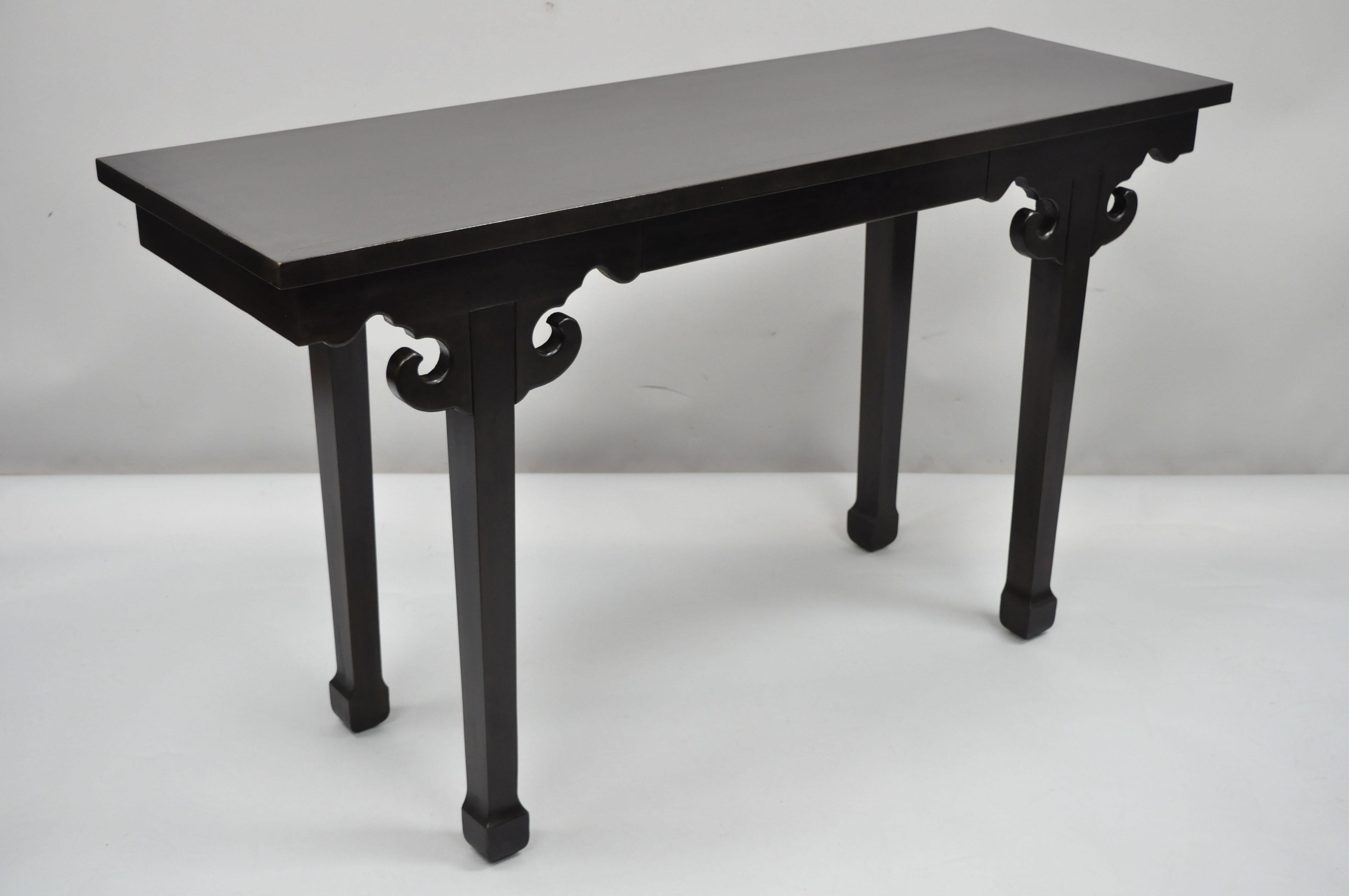 Vintage ebonized Chinese Altar table console hall 28 x 50 James Mont style sofa table (B). Item features solid wood construction, distressed finish, nicely carved details, finished back, 1 dovetailed drawer, quality craftsmanship, great style and