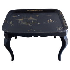 Ebonized Chinoiserie Coffee Table with Hand Painted Tole top
