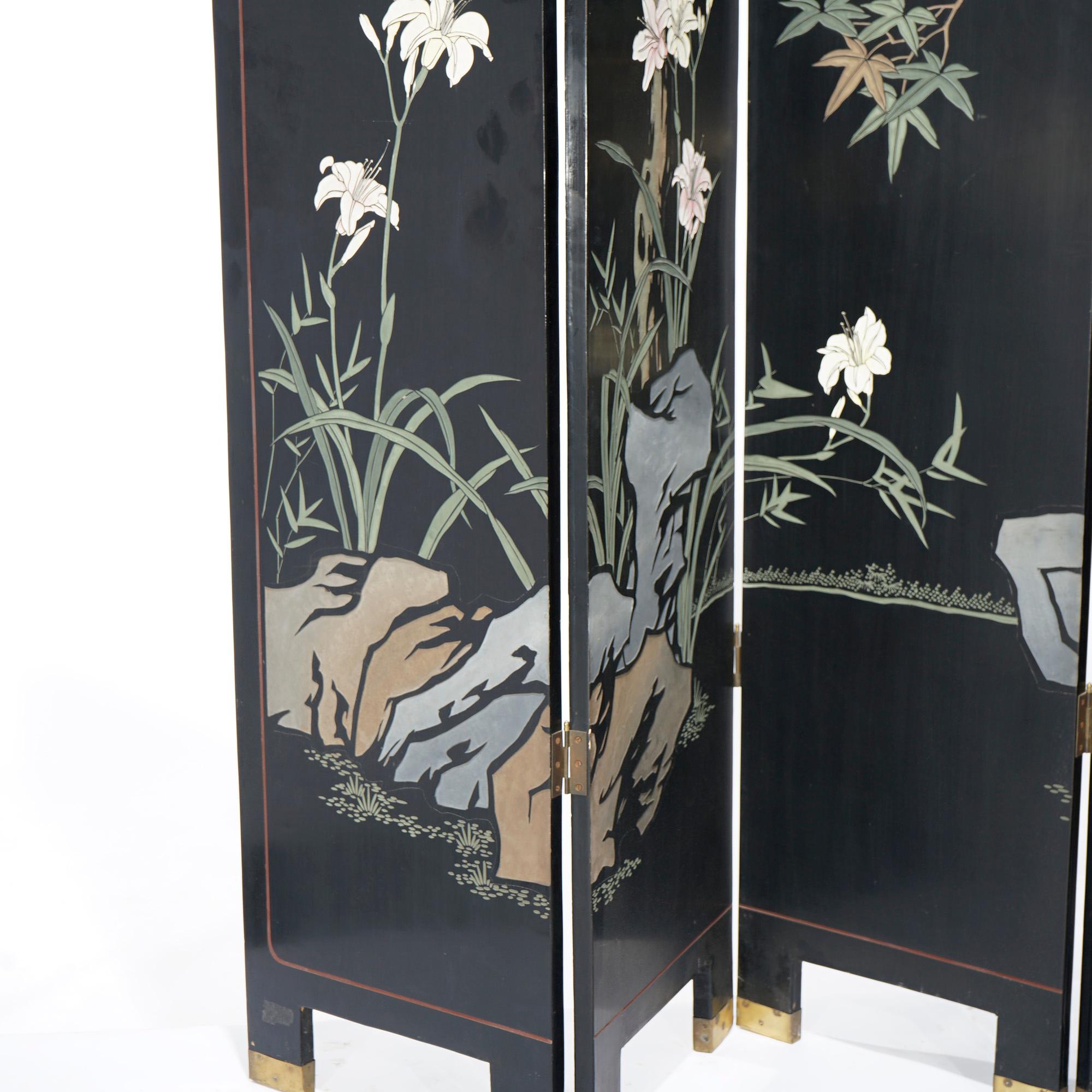 Ebonized Chinoiserie Decorated Four Panel Landscape Screen with Garden, 20th C For Sale 4