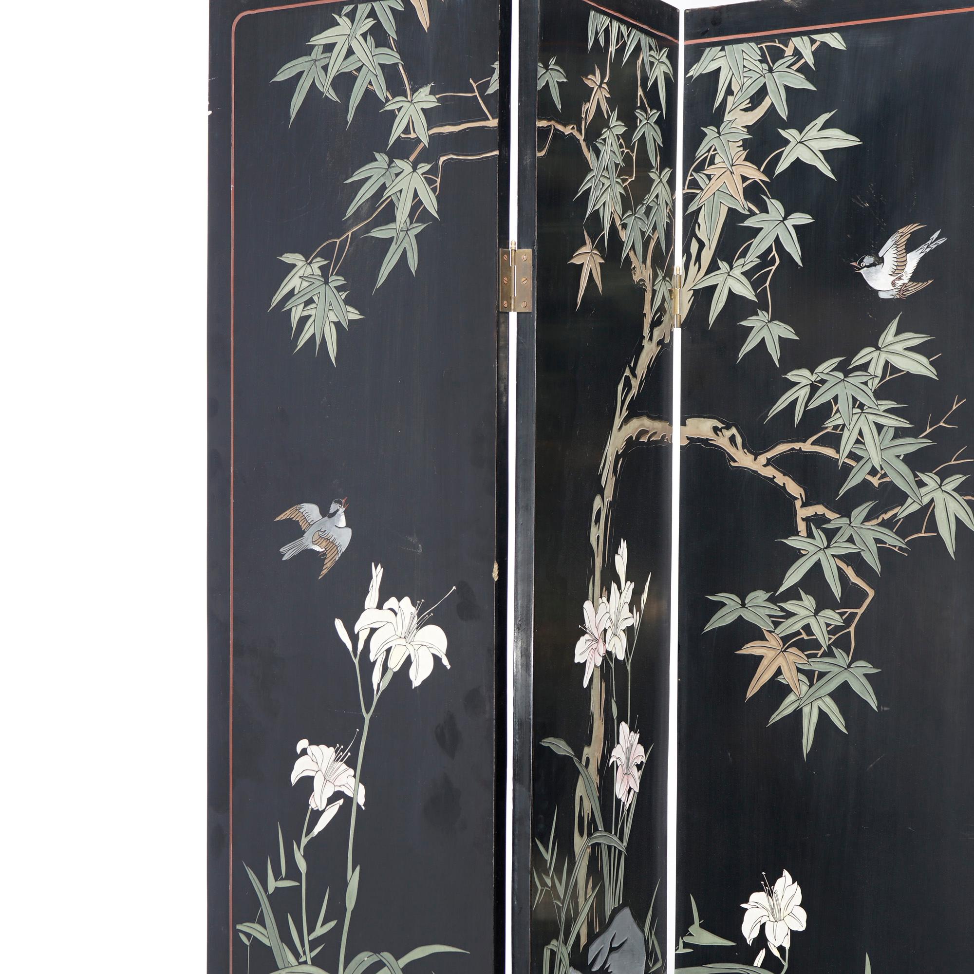 Ebonized Chinoiserie Decorated Four Panel Landscape Screen with Garden, 20th C For Sale 5