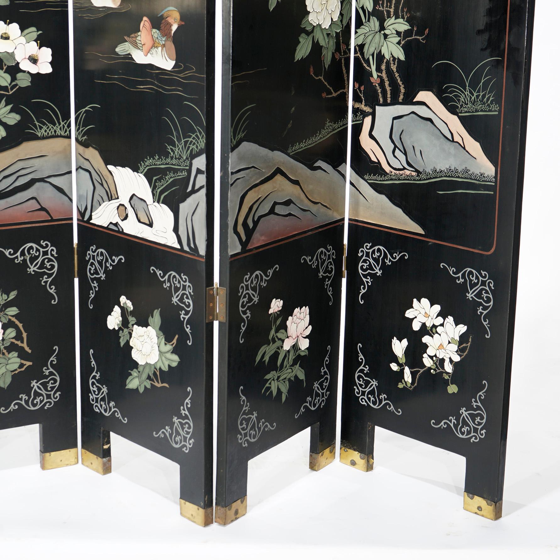 Ebonized Chinoiserie Decorated Four Panel Landscape Screen with Garden, 20th C For Sale 6