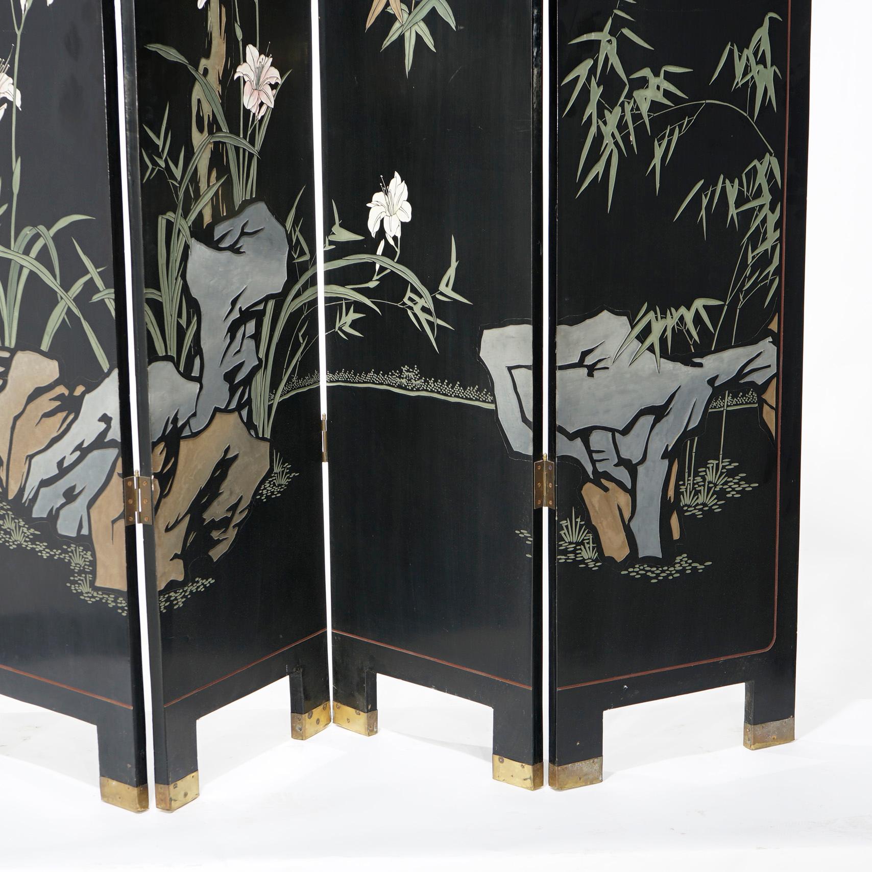 Ebonized Chinoiserie Decorated Four Panel Landscape Screen with Garden, 20th C For Sale 7