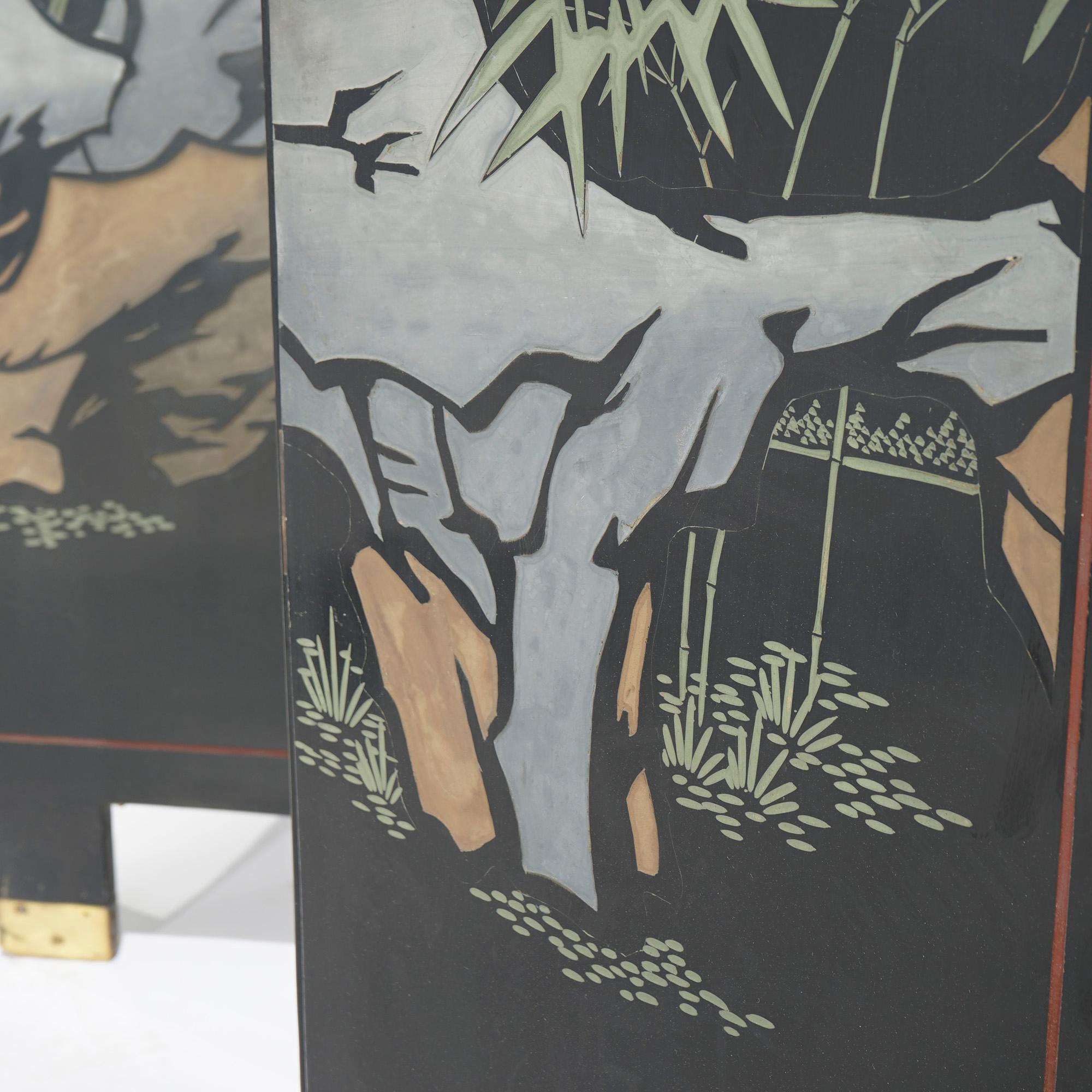 Ebonized Chinoiserie Decorated Four Panel Landscape Screen with Garden, 20th C For Sale 9