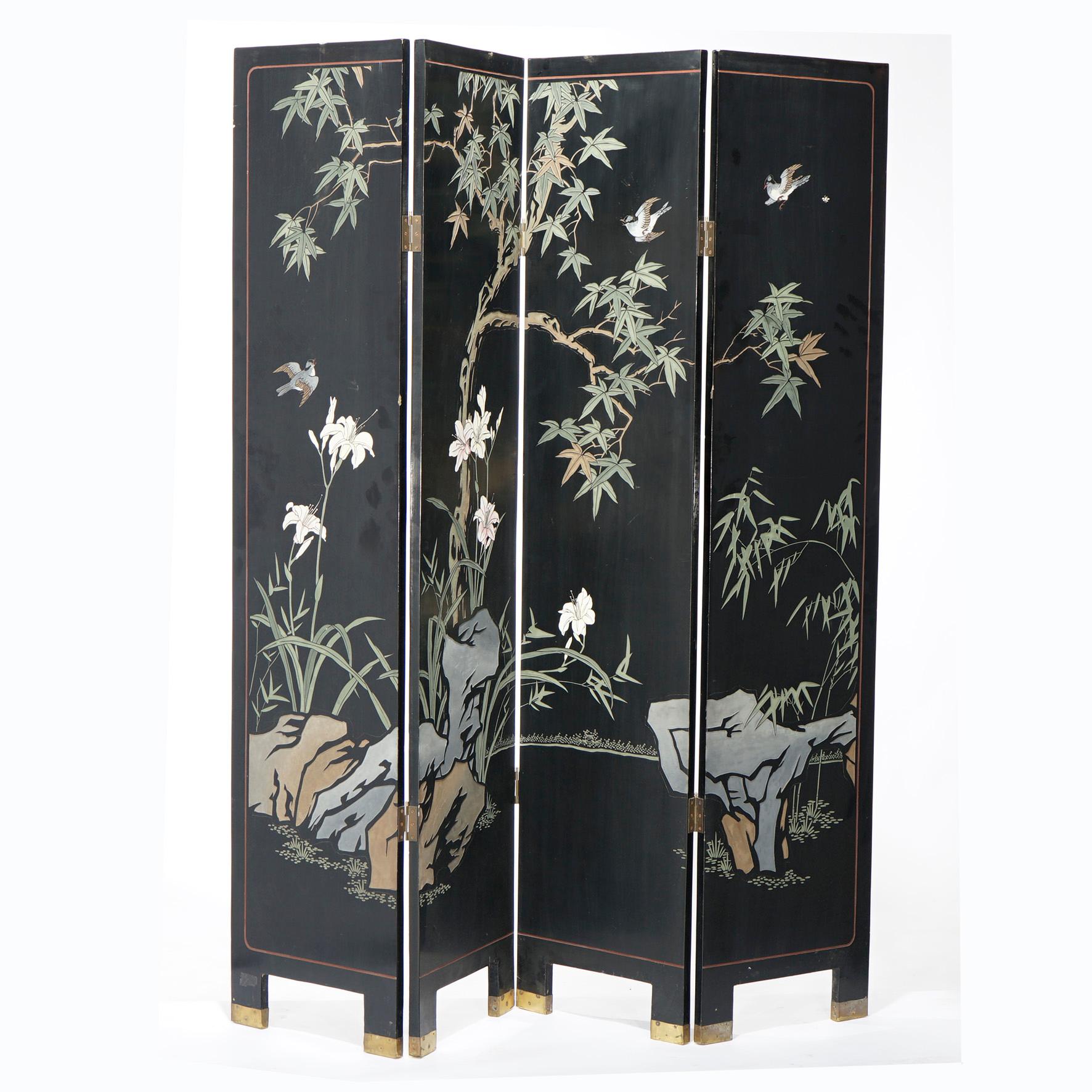 An Asian style screen offers four Chinoiserie decorated ebonized panels with landscape scene having garden with tree, birds and pond, raised on square legs with brass covered feet, 20th century

Measures- 72'' H x 64'' W x 1'' D.

Catalogue Note: