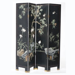 Ebonized Chinoiserie Decorated Four Panel Landscape Screen with Garden, 20th C