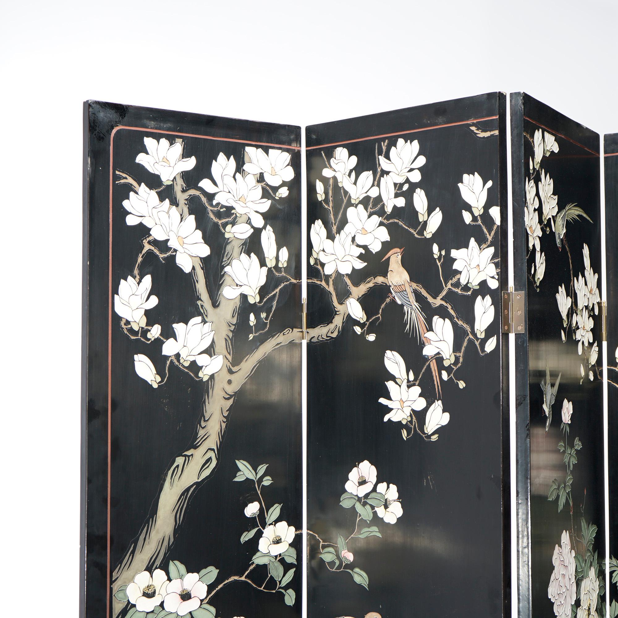 European Ebonized Chinoiserie Decorated Four Panel Landscape Screen with Garden, 20th C For Sale