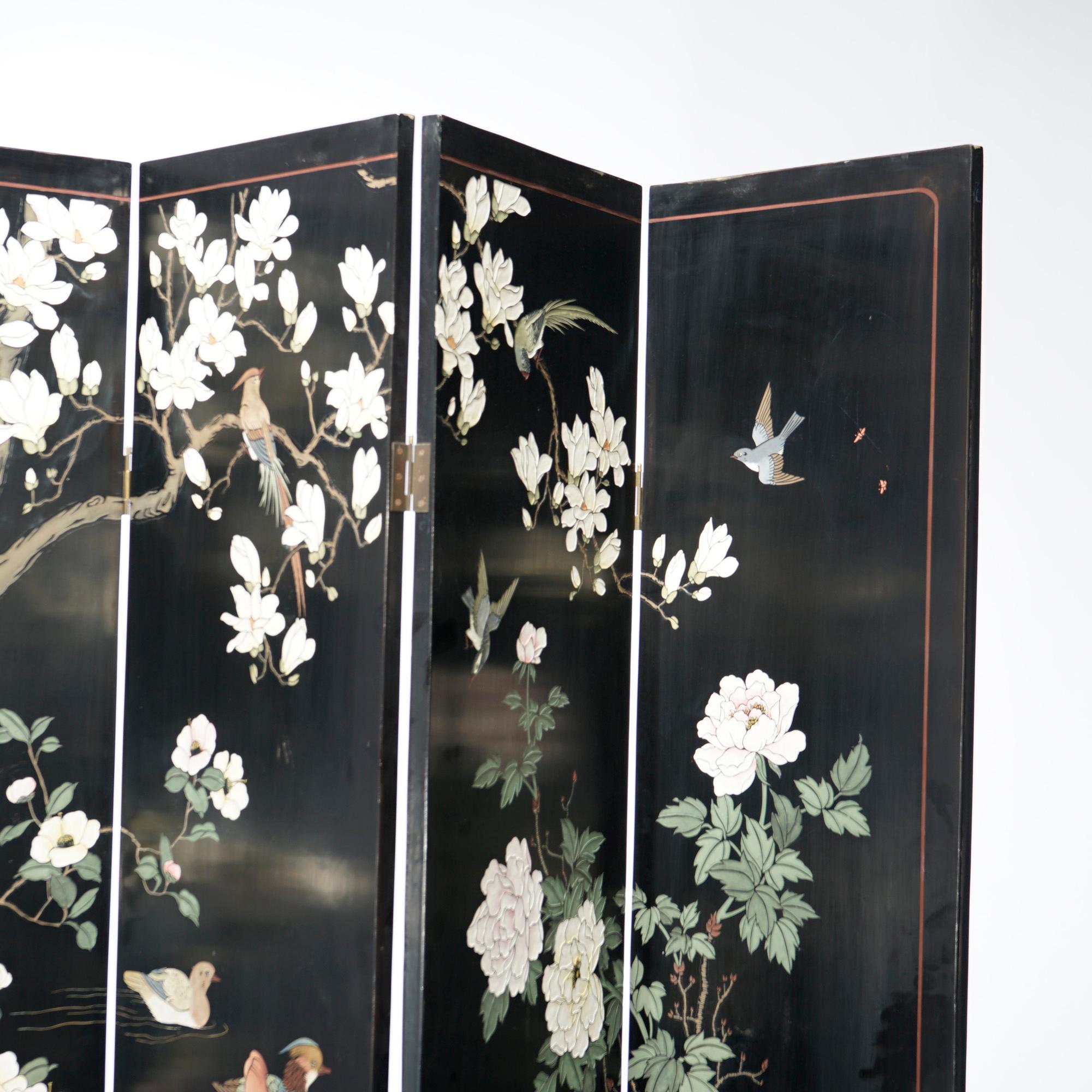 Ebonized Chinoiserie Decorated Four Panel Landscape Screen with Garden, 20th C In Good Condition For Sale In Big Flats, NY