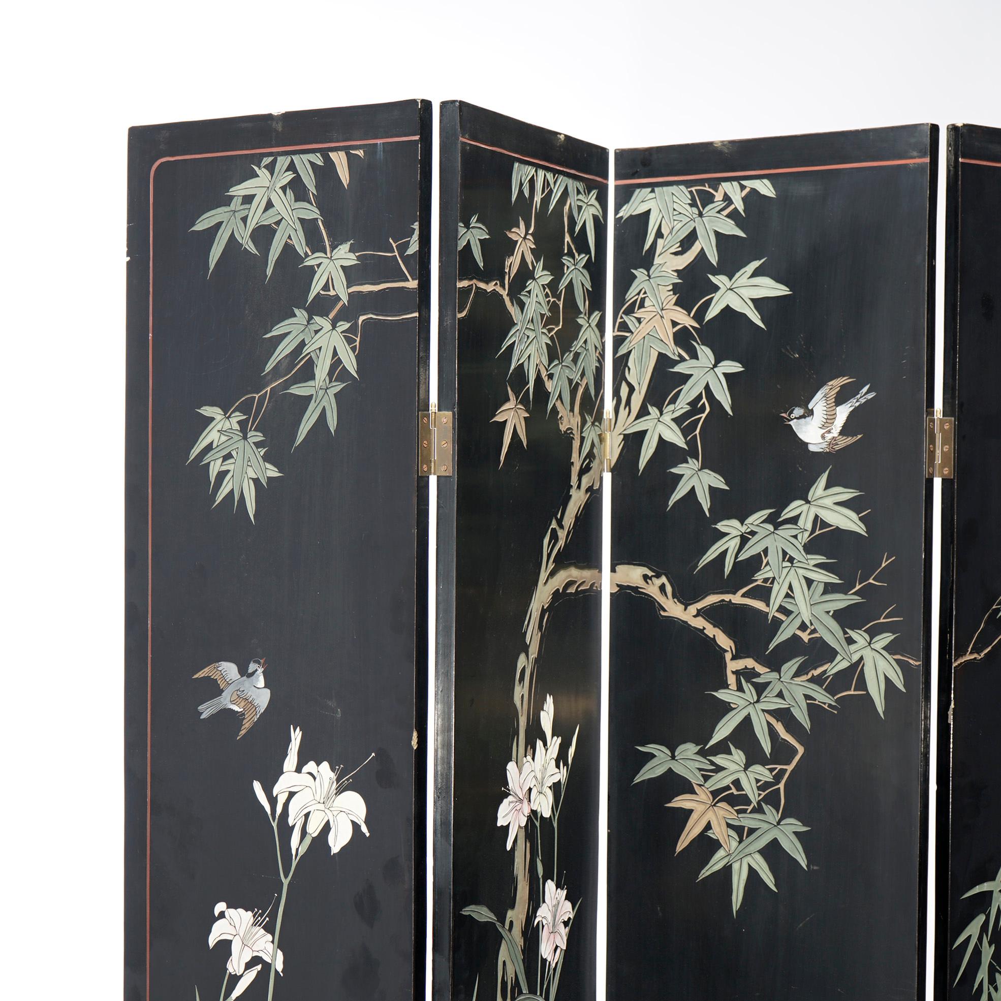 20th Century Ebonized Chinoiserie Decorated Four Panel Landscape Screen with Garden, 20th C For Sale