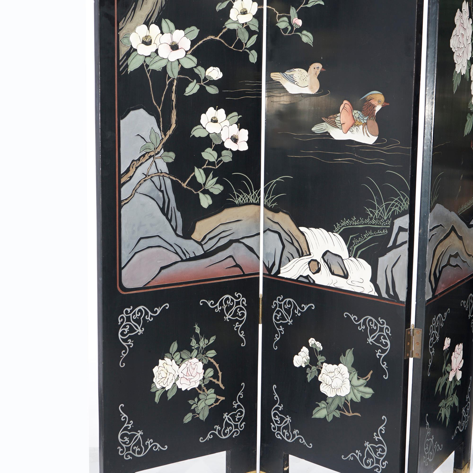 Wood Ebonized Chinoiserie Decorated Four Panel Landscape Screen with Garden, 20th C For Sale