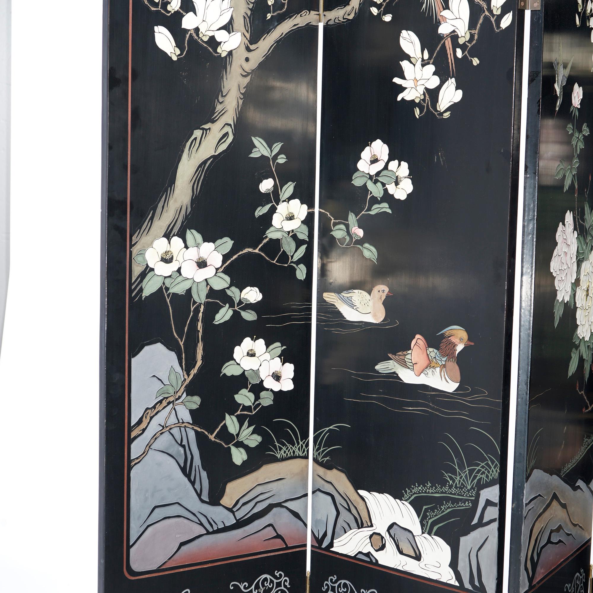 Ebonized Chinoiserie Decorated Four Panel Landscape Screen with Garden, 20th C For Sale 1