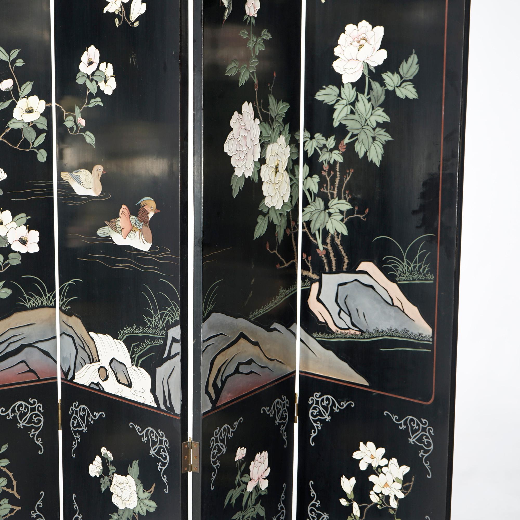 Ebonized Chinoiserie Decorated Four Panel Landscape Screen with Garden, 20th C For Sale 2