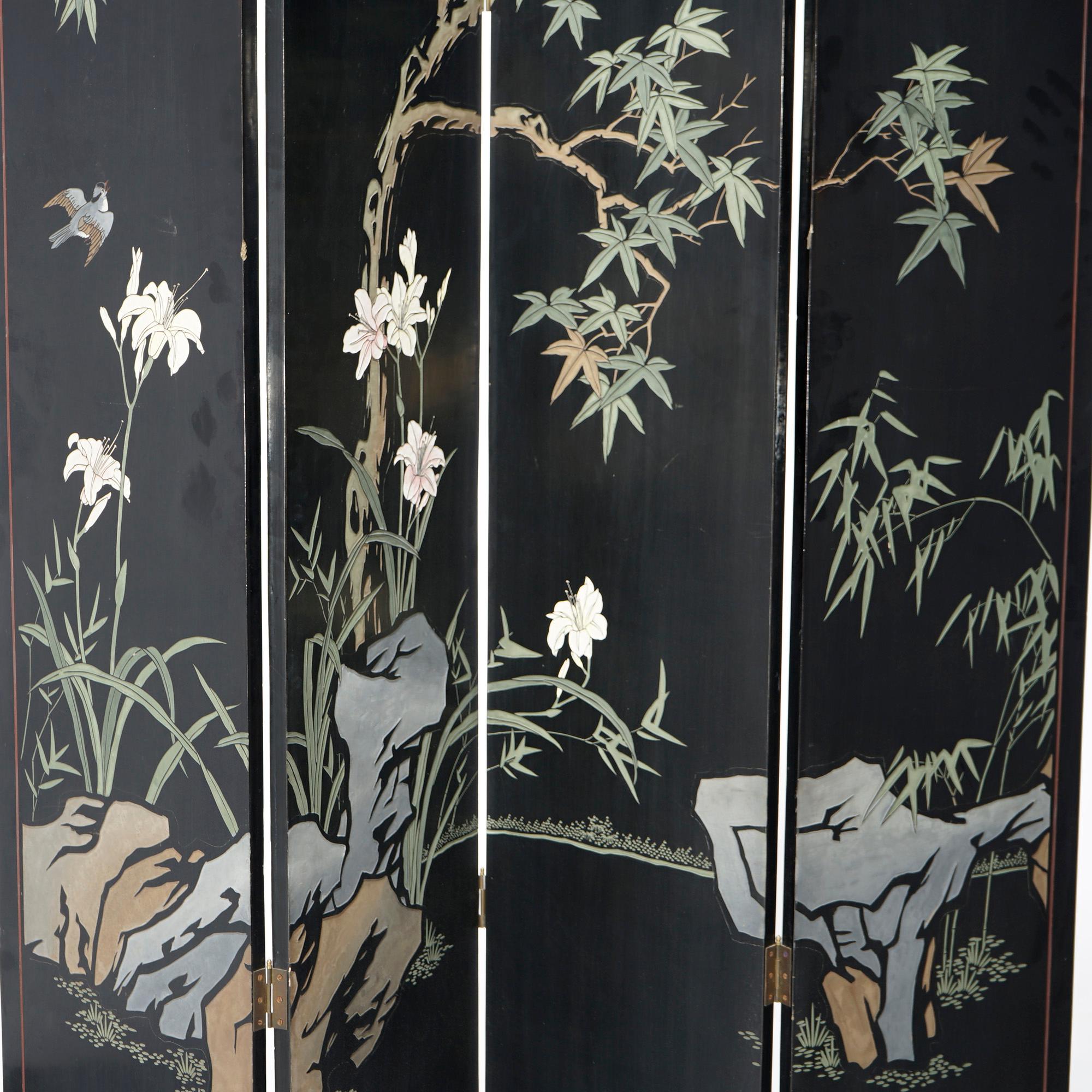 Ebonized Chinoiserie Decorated Four Panel Landscape Screen with Garden, 20th C For Sale 3