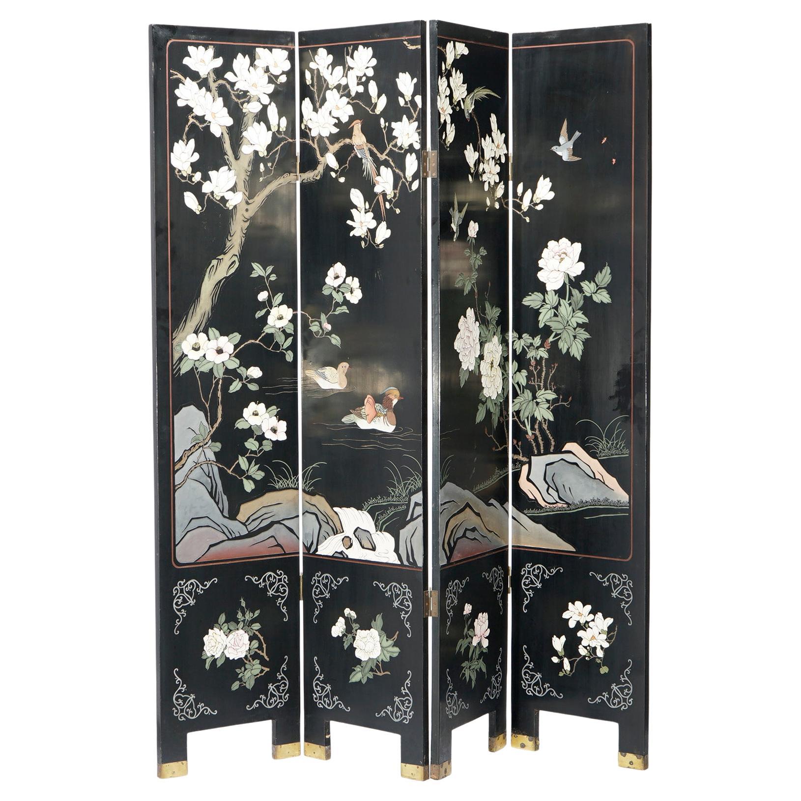 Ebonized Chinoiserie Decorated Four Panel Landscape Screen with Garden, 20th C For Sale