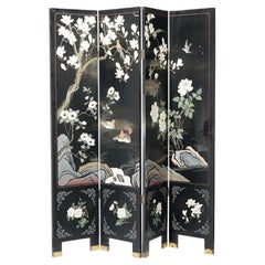 Vintage Ebonized Chinoiserie Decorated Four Panel Landscape Screen with Garden, 20th C
