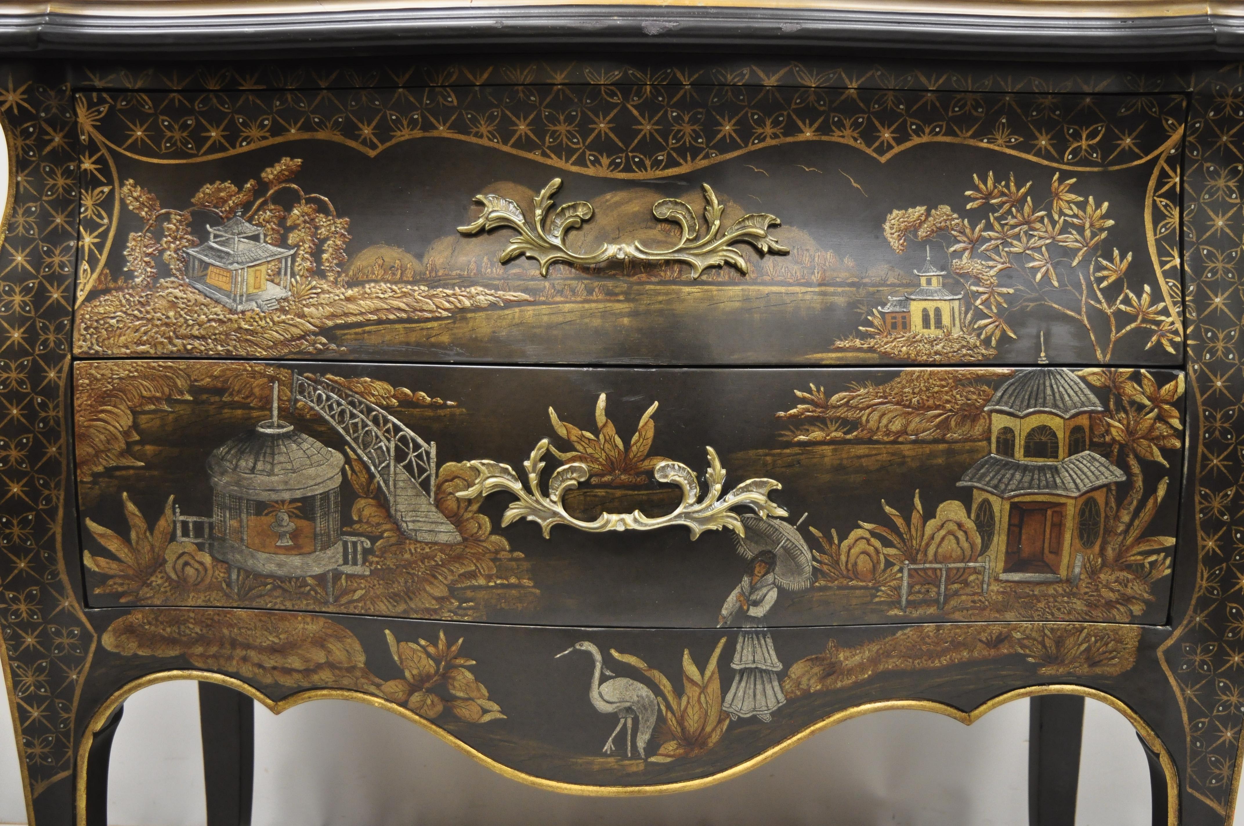 Ebonized chinoiserie paint decorated black bombe commode chest. Item features a shapely bombe form, hand painted scenes to front and sides, wood construction, 2 dovetailed drawers, solid brass hardware, quality craftsmanship, great style and form,