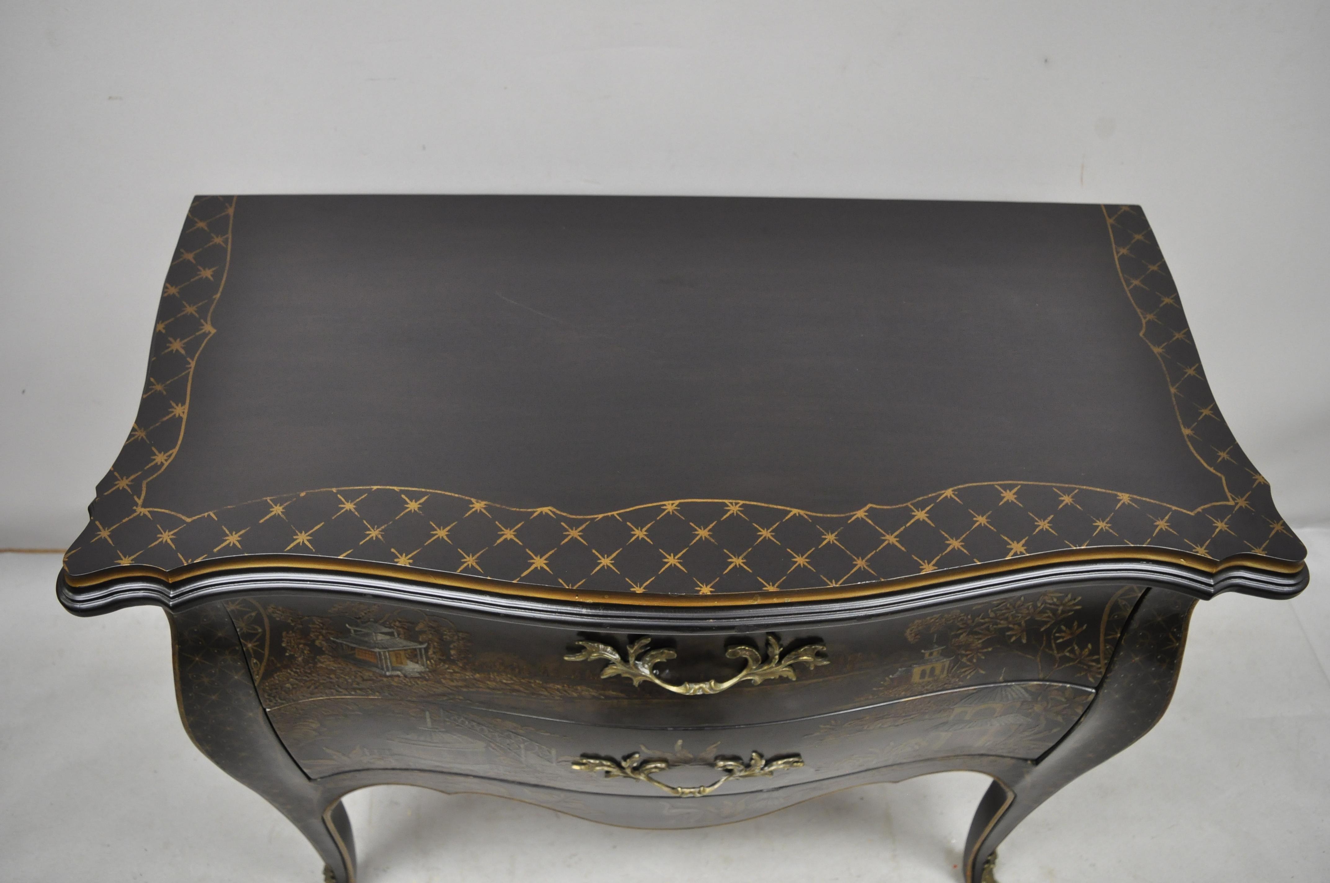American Ebonized Chinoiserie Paint Decorated Black Bombe Commode Chest