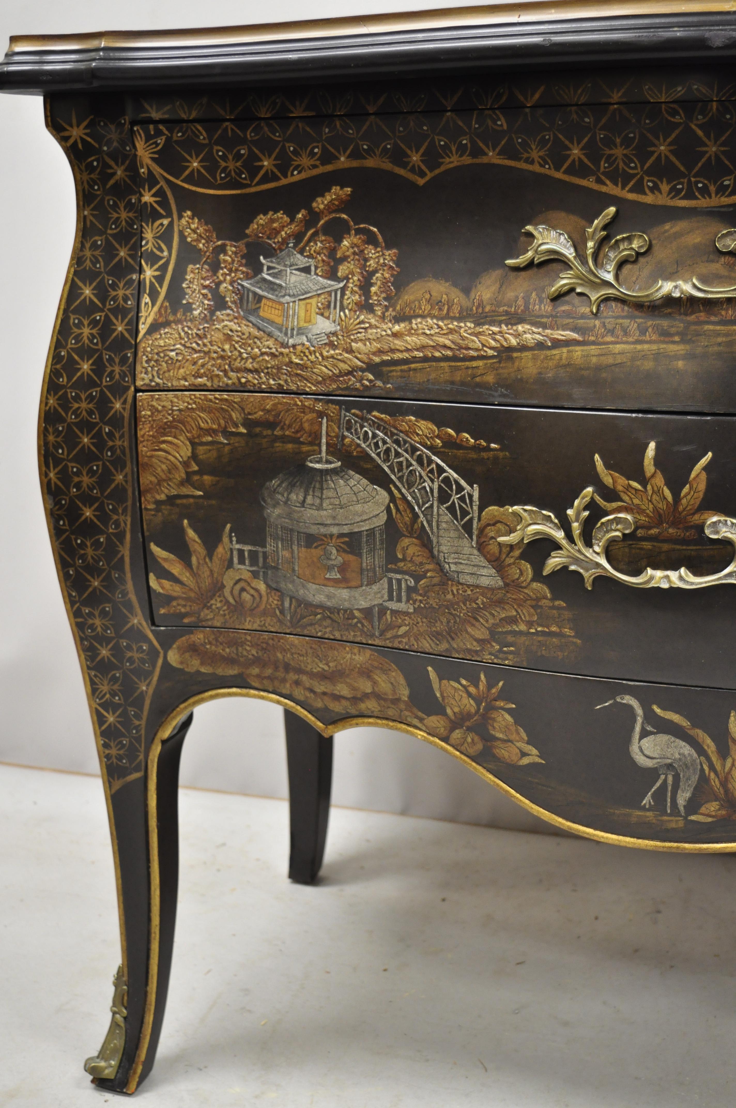 Ebonized Chinoiserie Paint Decorated Black Bombe Commode Chest In Good Condition In Philadelphia, PA