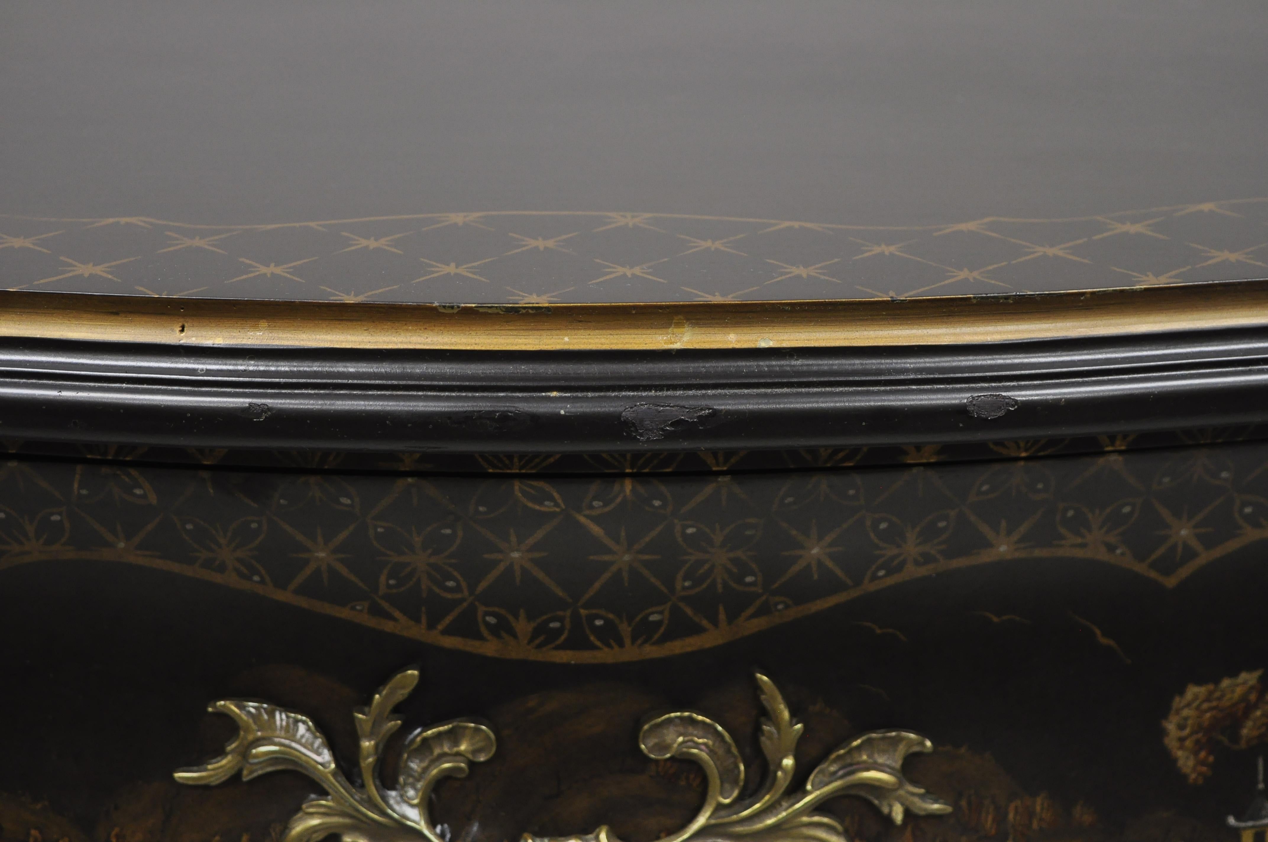 Ebonized Chinoiserie Paint Decorated Black Bombe Commode Chest 1