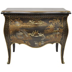 Ebonized Chinoiserie Paint Decorated Black Bombe Commode Chest