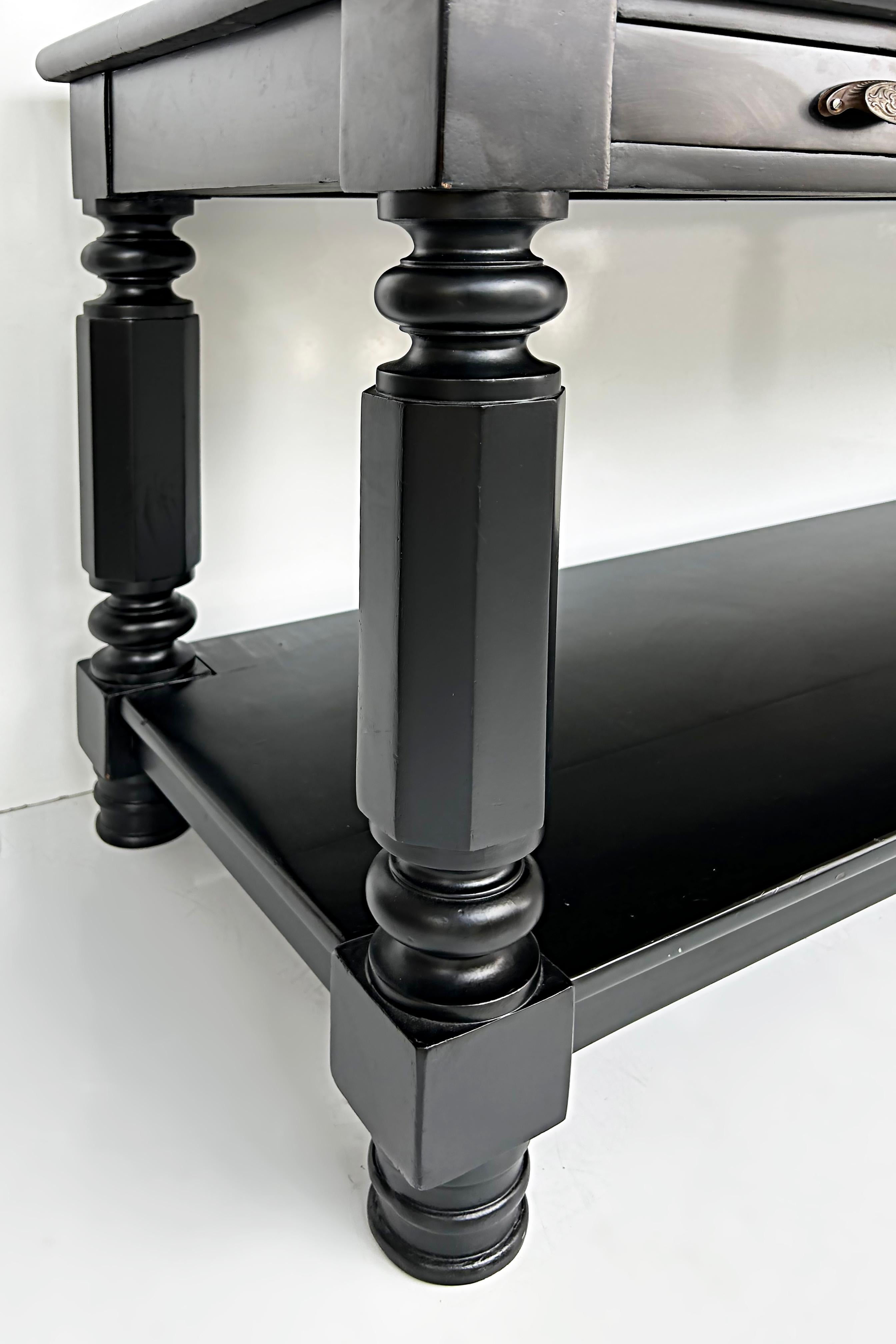 Ebonized Console Sofa Table with Drawers and Brass Hardware, Turned Legs For Sale 3