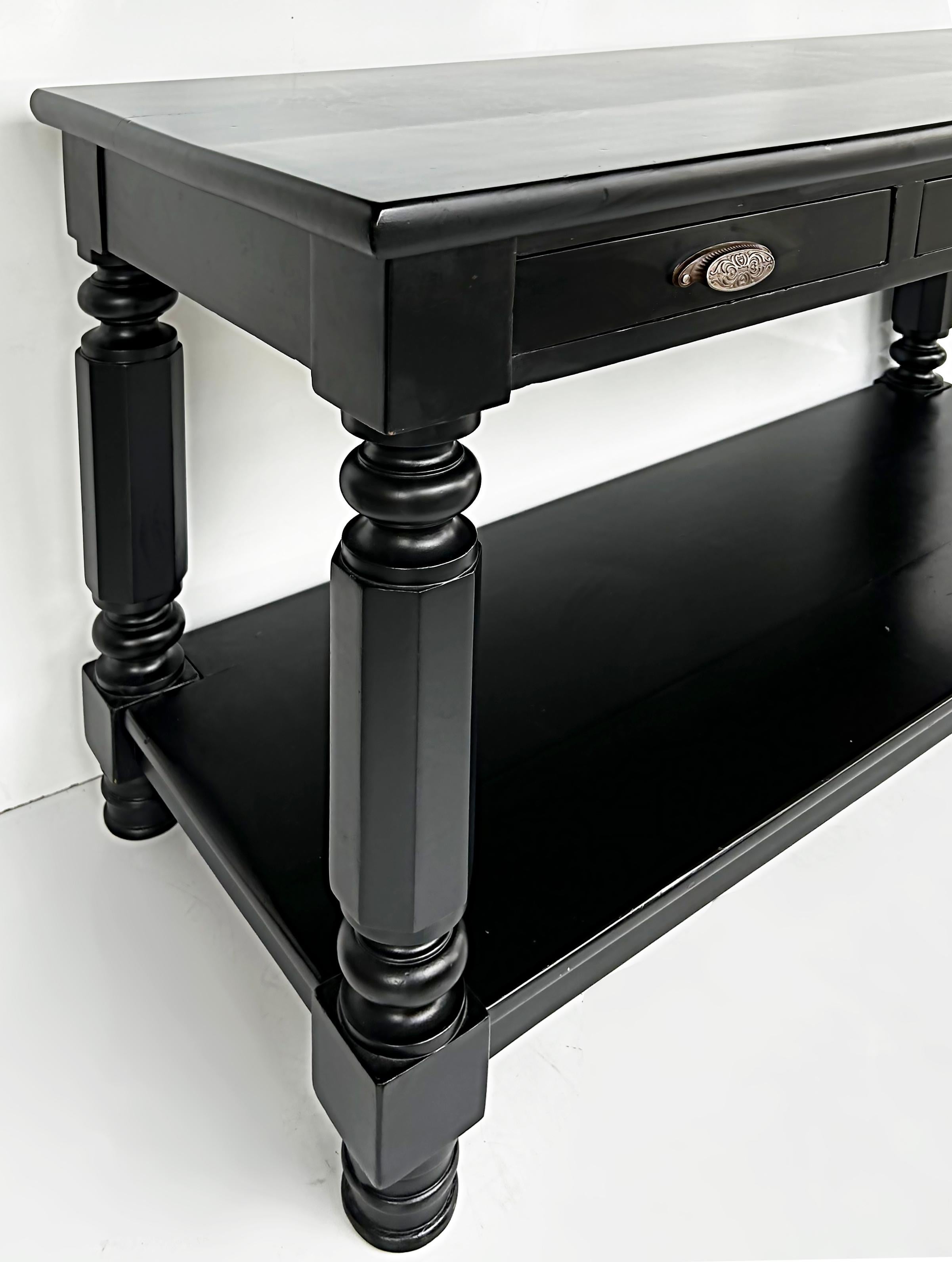 British Colonial Ebonized Console Sofa Table with Drawers and Brass Hardware, Turned Legs For Sale