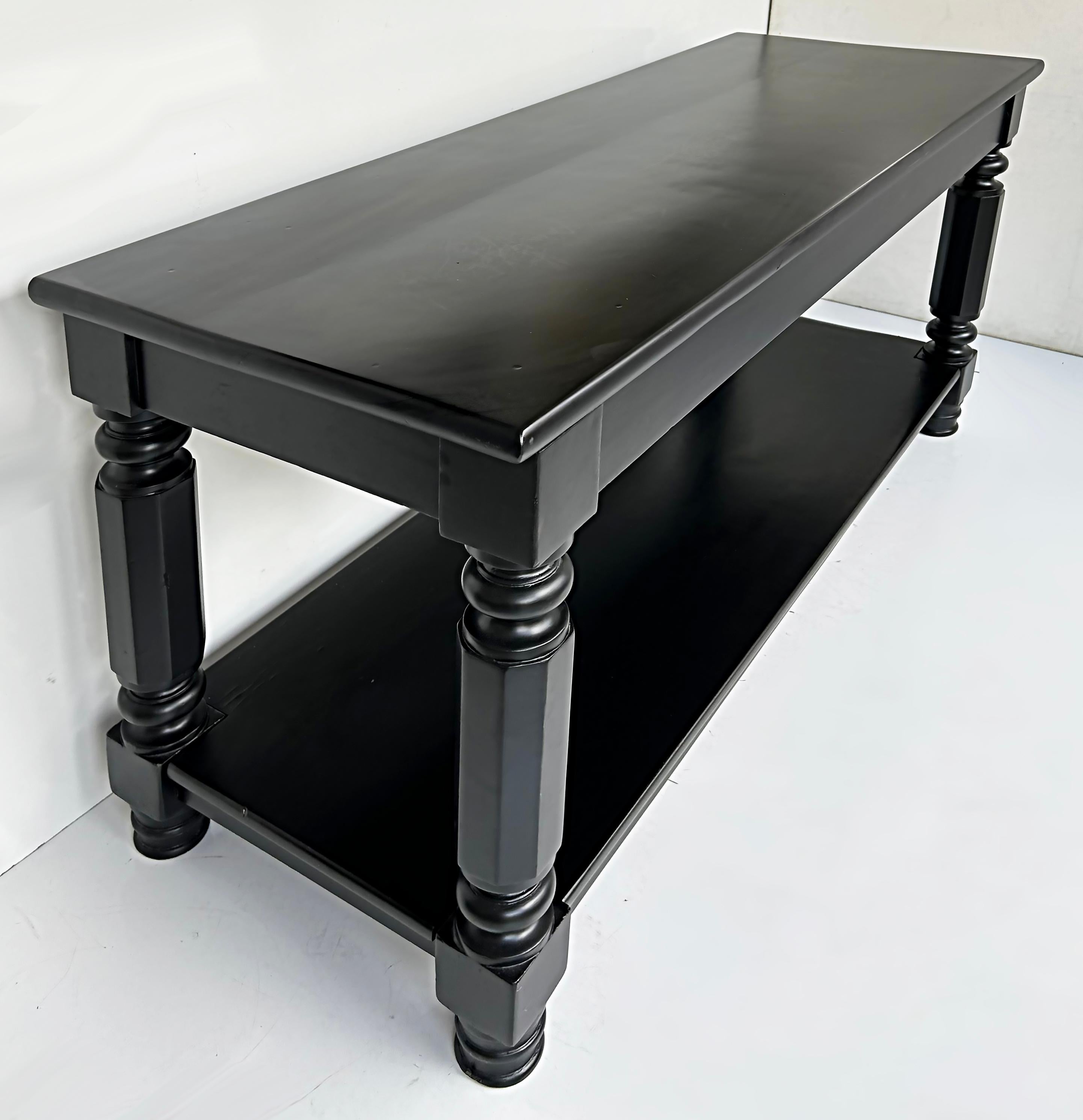 Ebonized Console Sofa Table with Drawers and Brass Hardware, Turned Legs In Good Condition For Sale In Miami, FL