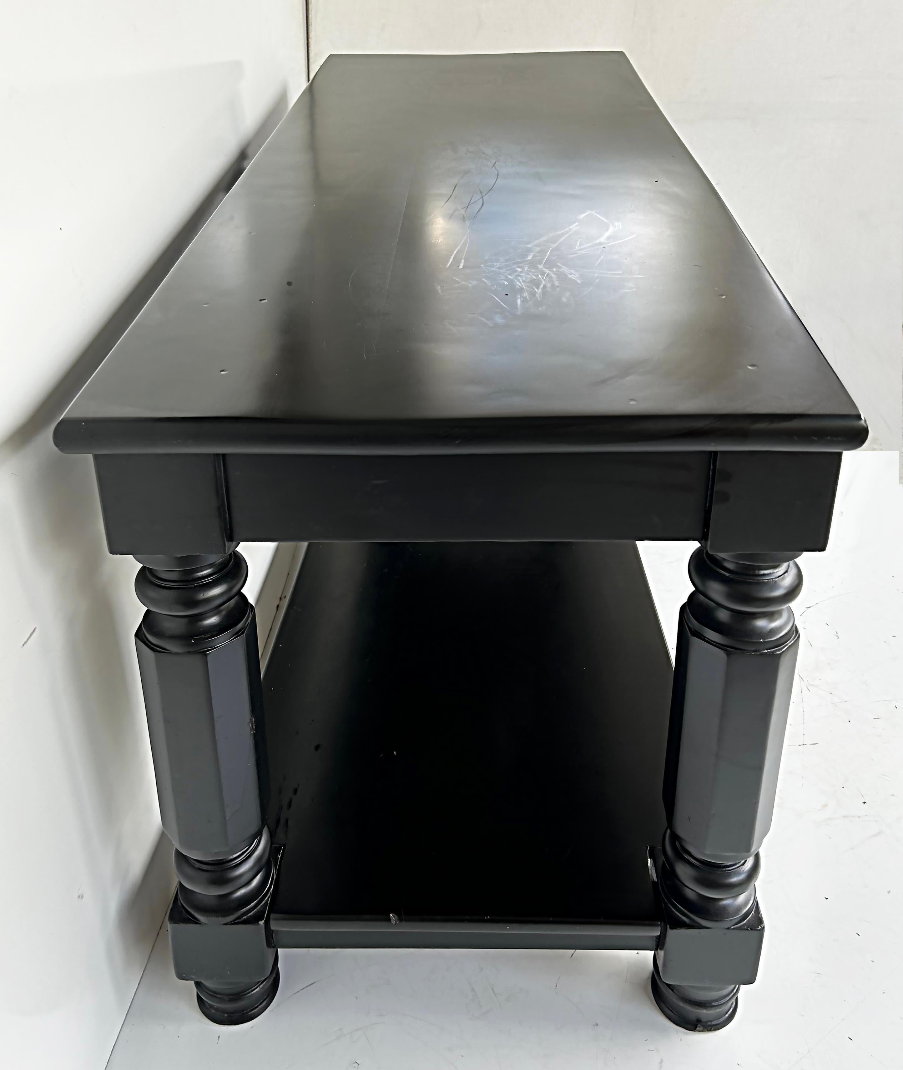20th Century Ebonized Console Sofa Table with Drawers and Brass Hardware, Turned Legs For Sale