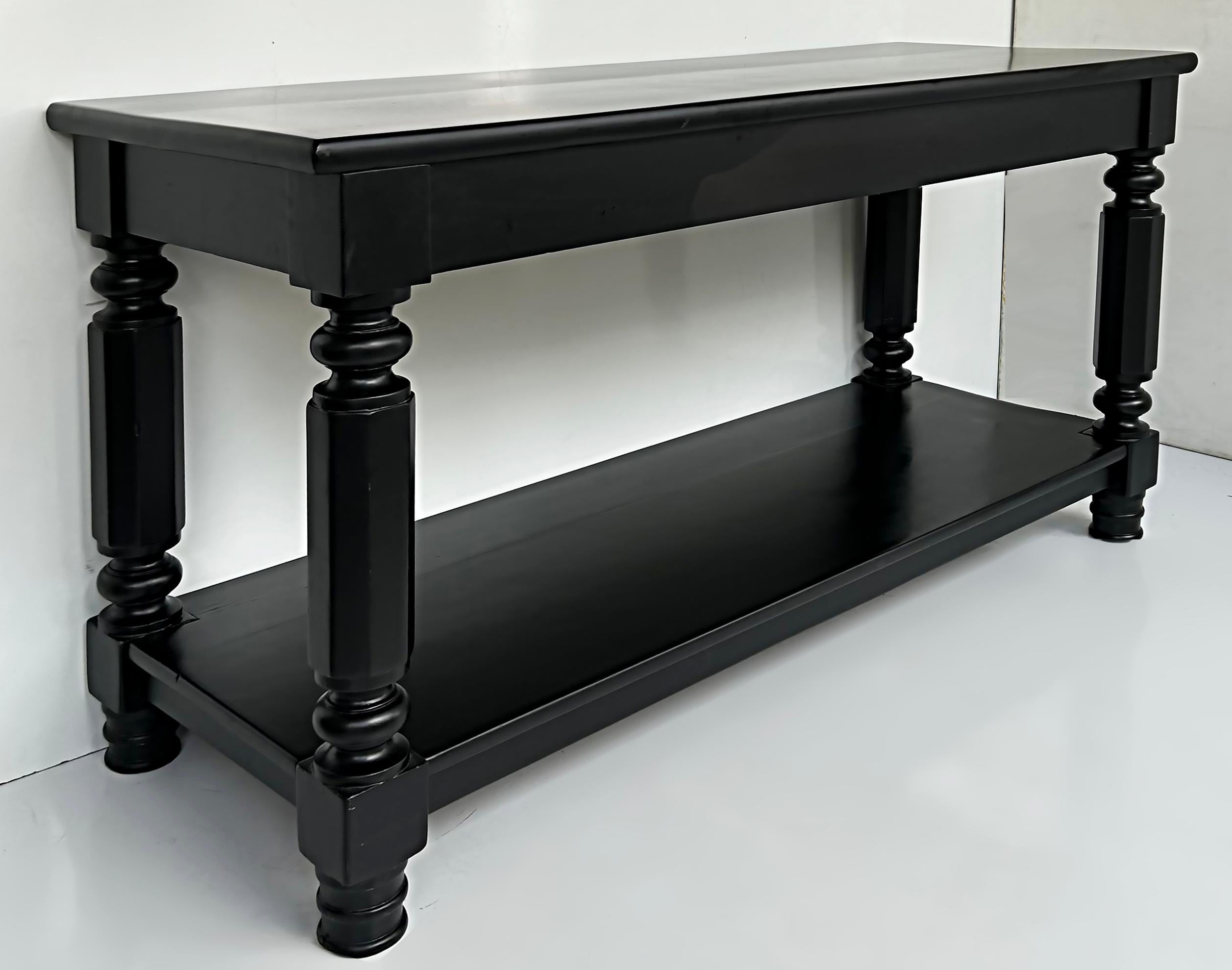 Ebonized Console Sofa Table with Drawers and Brass Hardware, Turned Legs For Sale 1