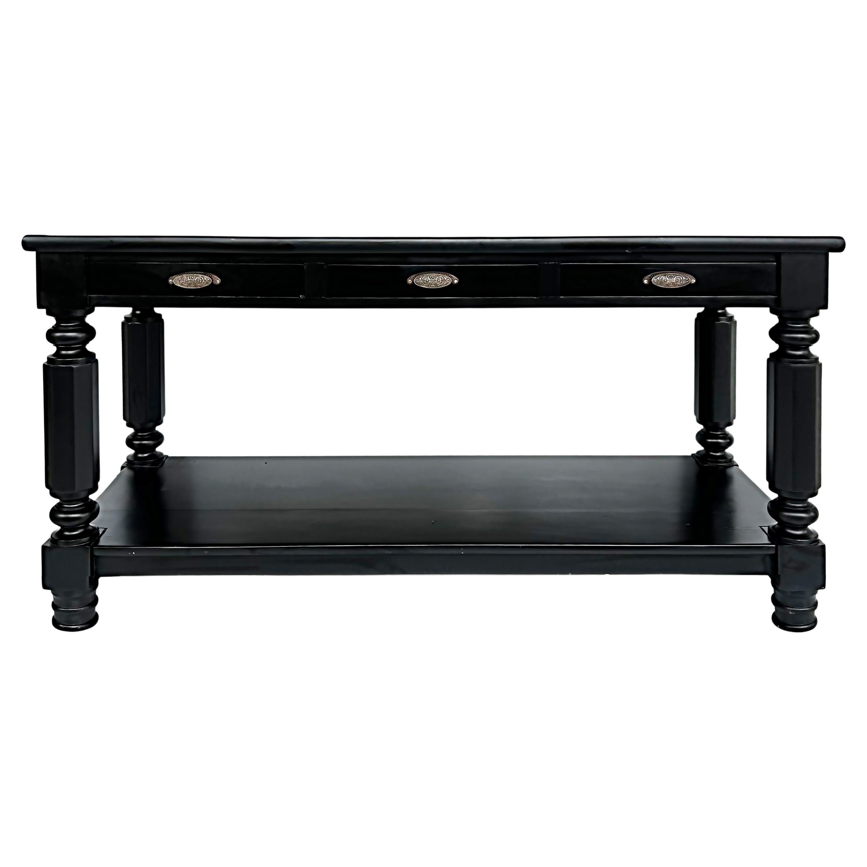 Ebonized Console Sofa Table with Drawers and Brass Hardware, Turned Legs For Sale