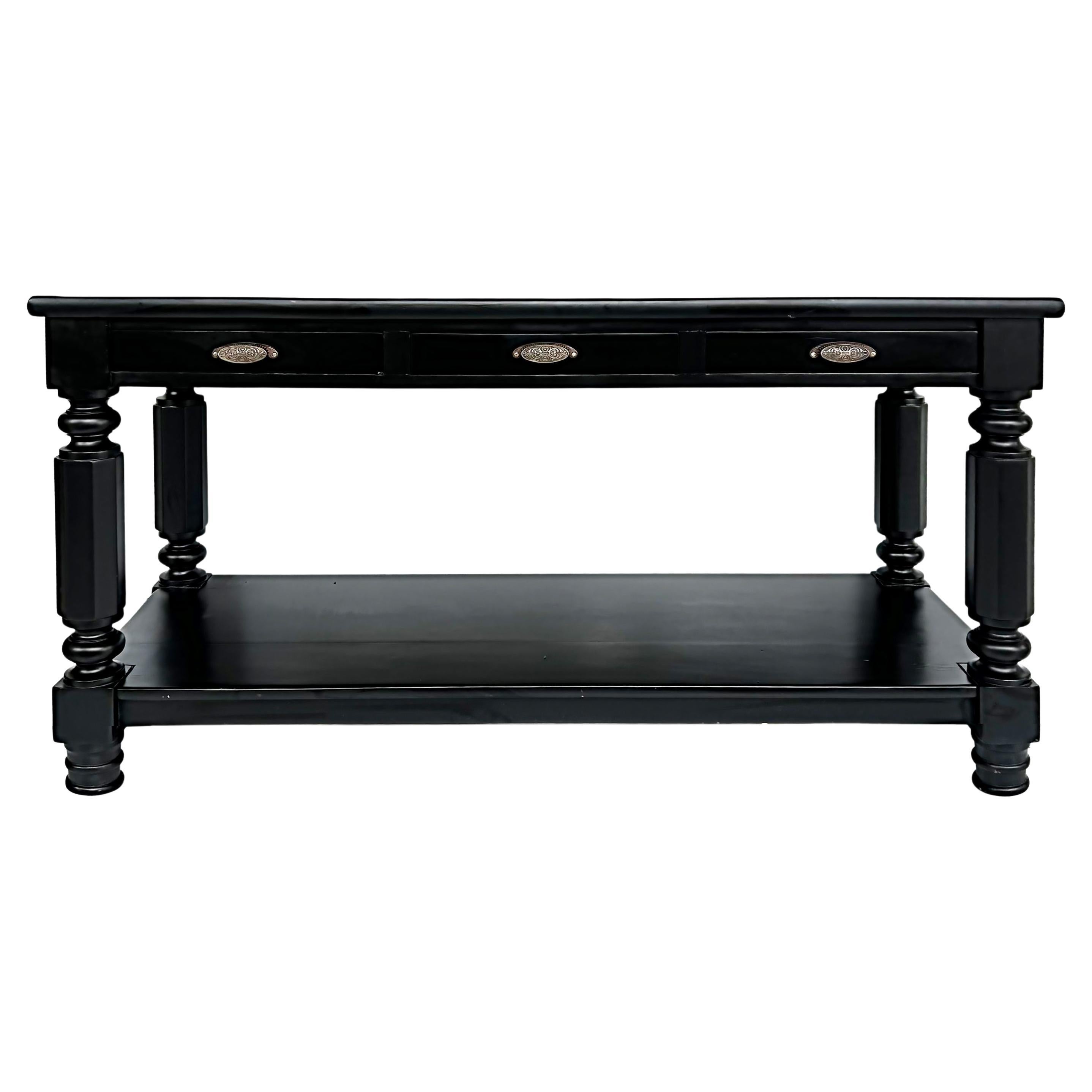 Ebonized Console Sofa Table with Drawers and Brass Hardware, Turned Legs