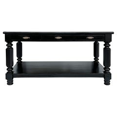 Ebonized Console Sofa Table with Drawers and Brass Hardware, Turned Legs