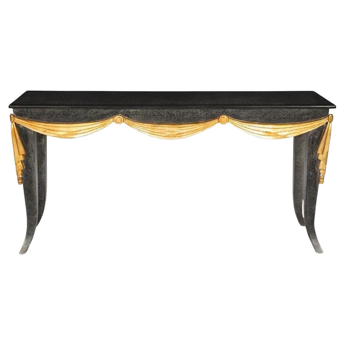 Mesa Consola Ebonizada con Tapa de Granito y Motivo de Swag Dorado - Siglo XX en venta